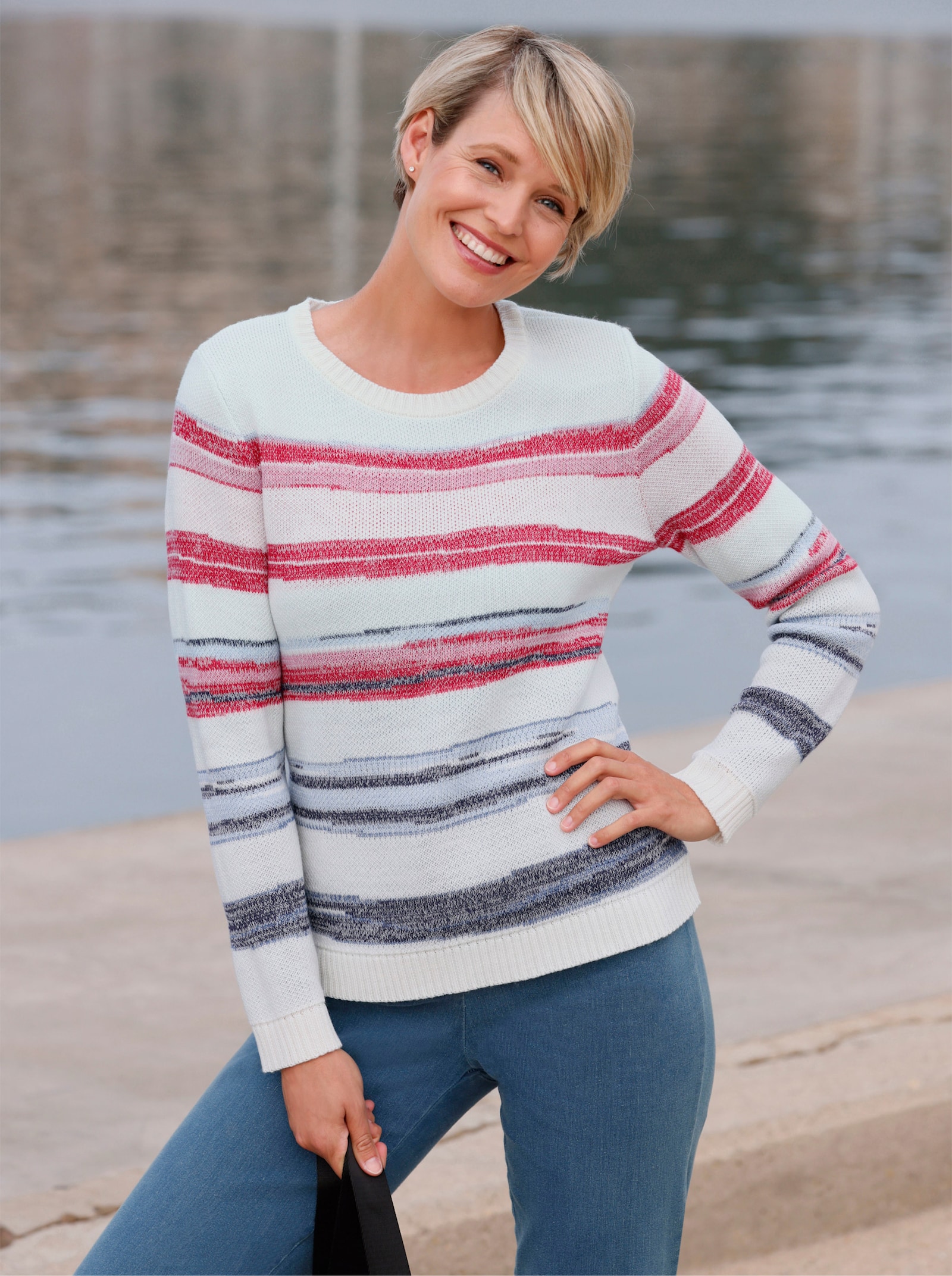 Žakárový svetr s proužkovaným vzorem - ecru-červená-proužek