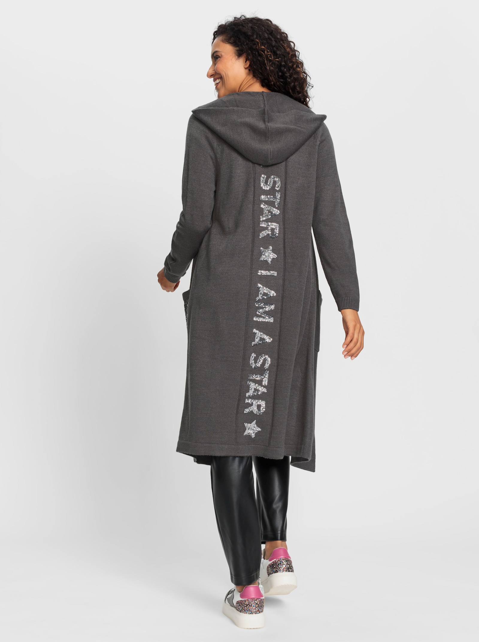 Strickmantel mit Pailletten-Verzierung - anthrazit-meliert