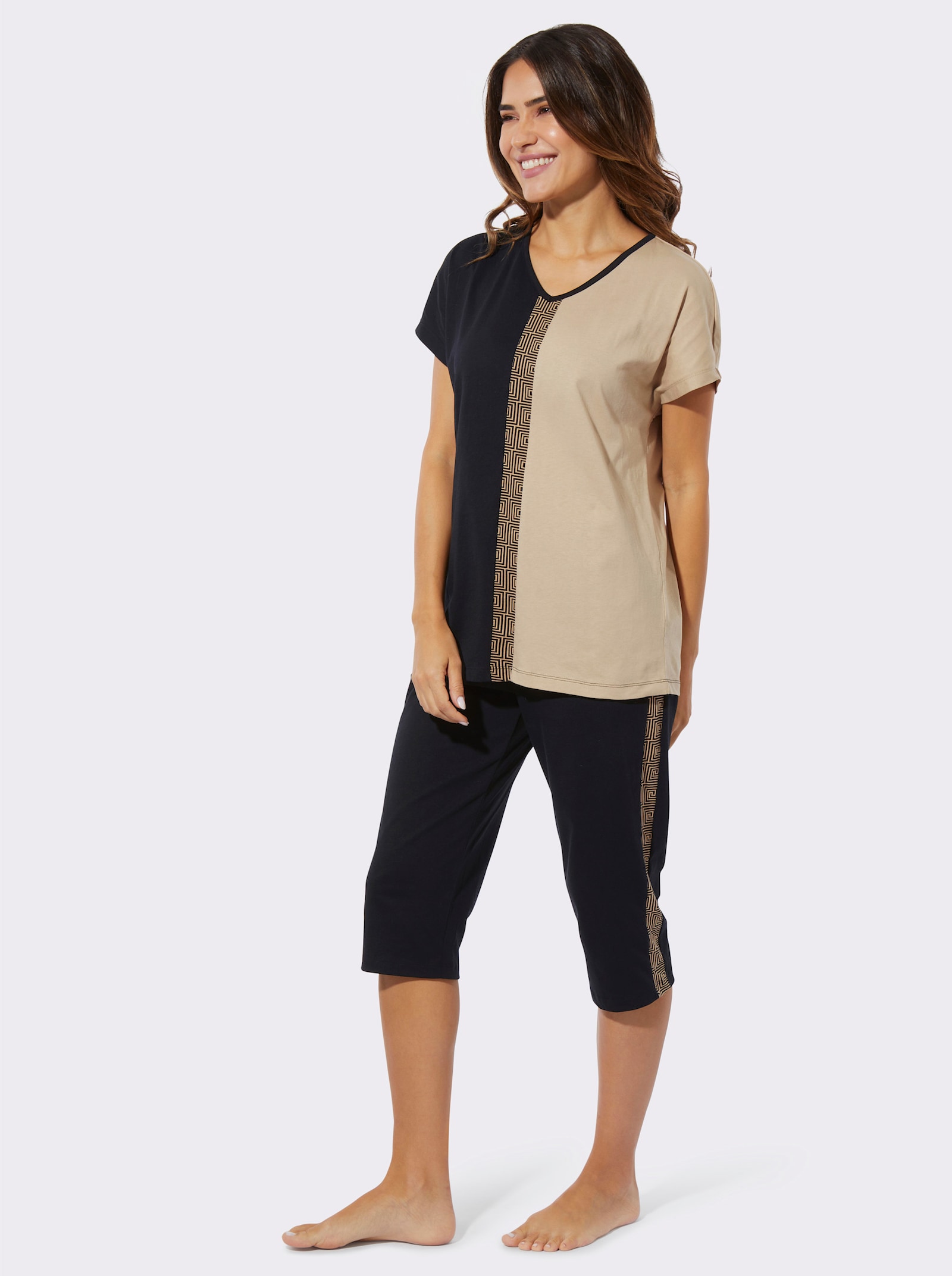 Capri pyžamo, galónové pruhy - čierno-béžová