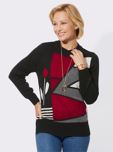 Rundhalspullover mit Rippabschlüssen - schwarz-rot-gemustert
