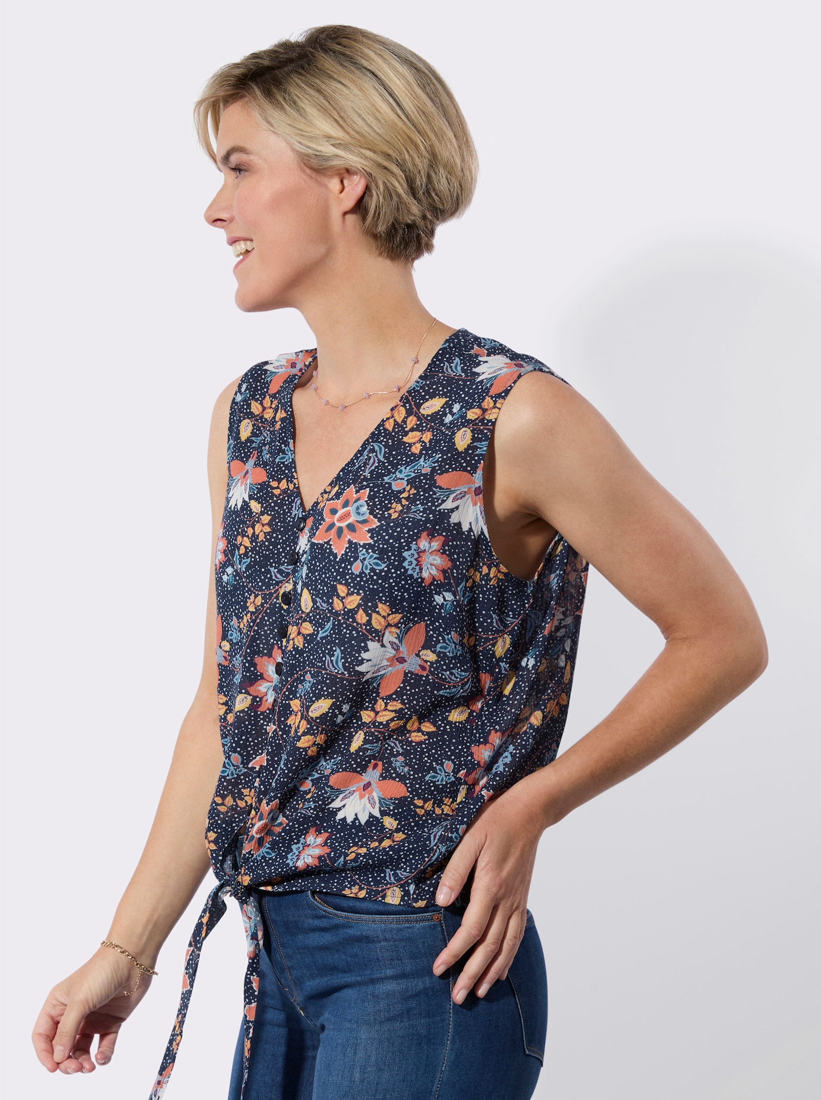 Blusentop mit imitierter Knopfleiste - marine-gelb-bedruckt