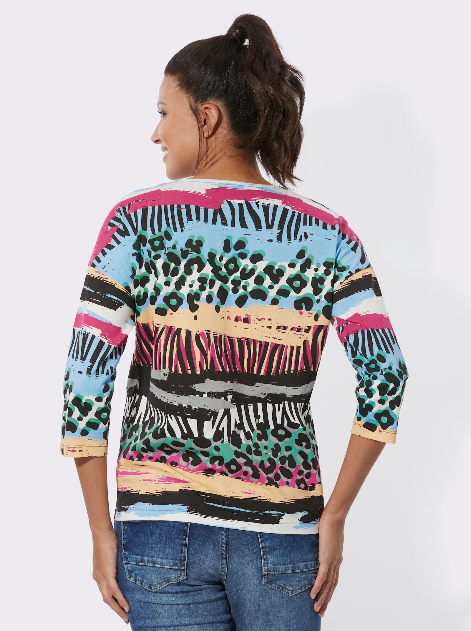 Rundhalsshirt im Mustermix - schwarz-pink-bedruckt