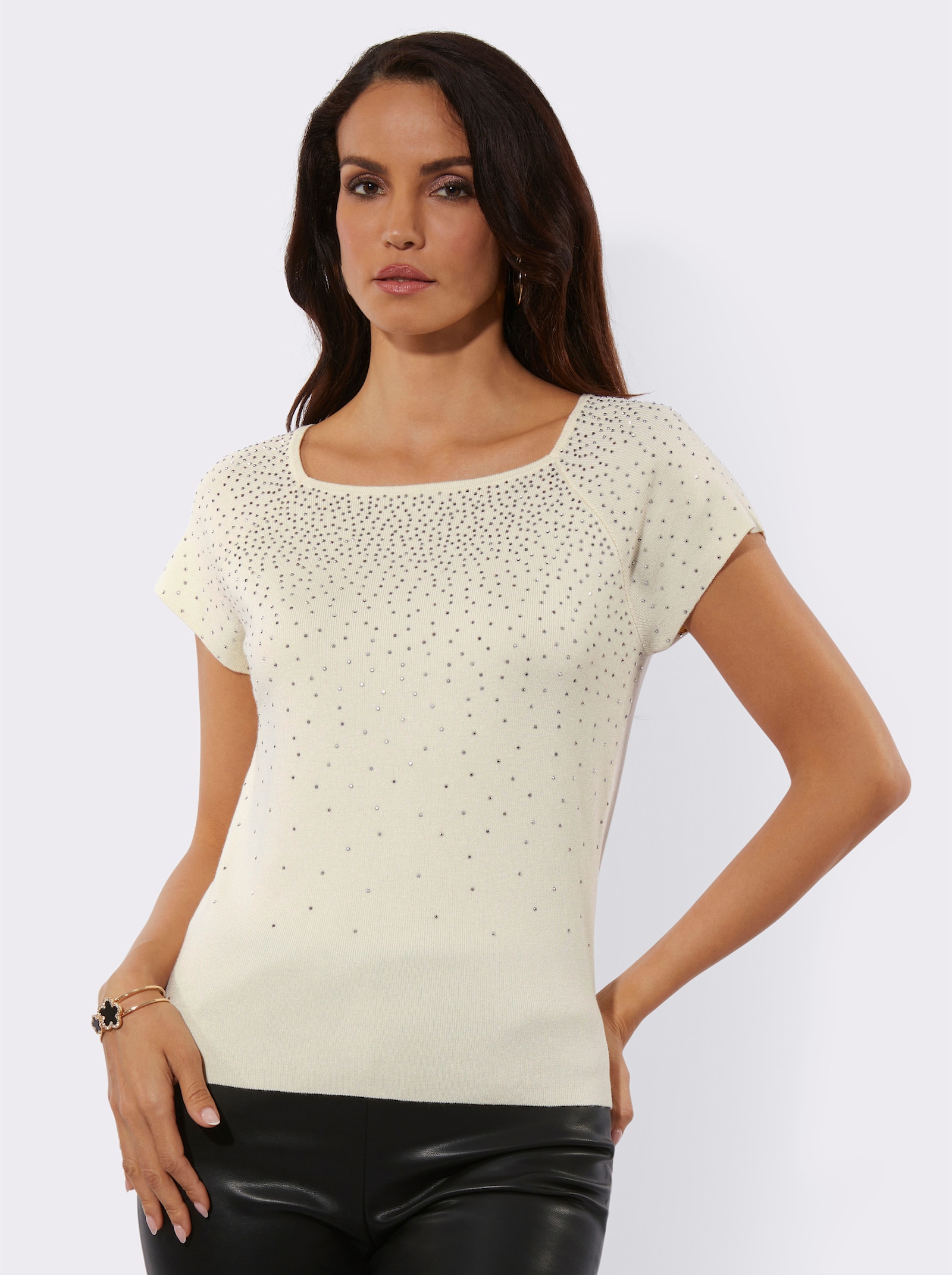 Kurzarmpullover mit Schmucksteinchen - champagner