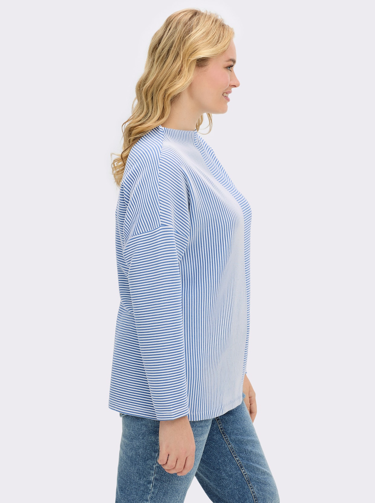 Langarmshirt in Ripp-Optik - ecru-mittelblau-gestreift