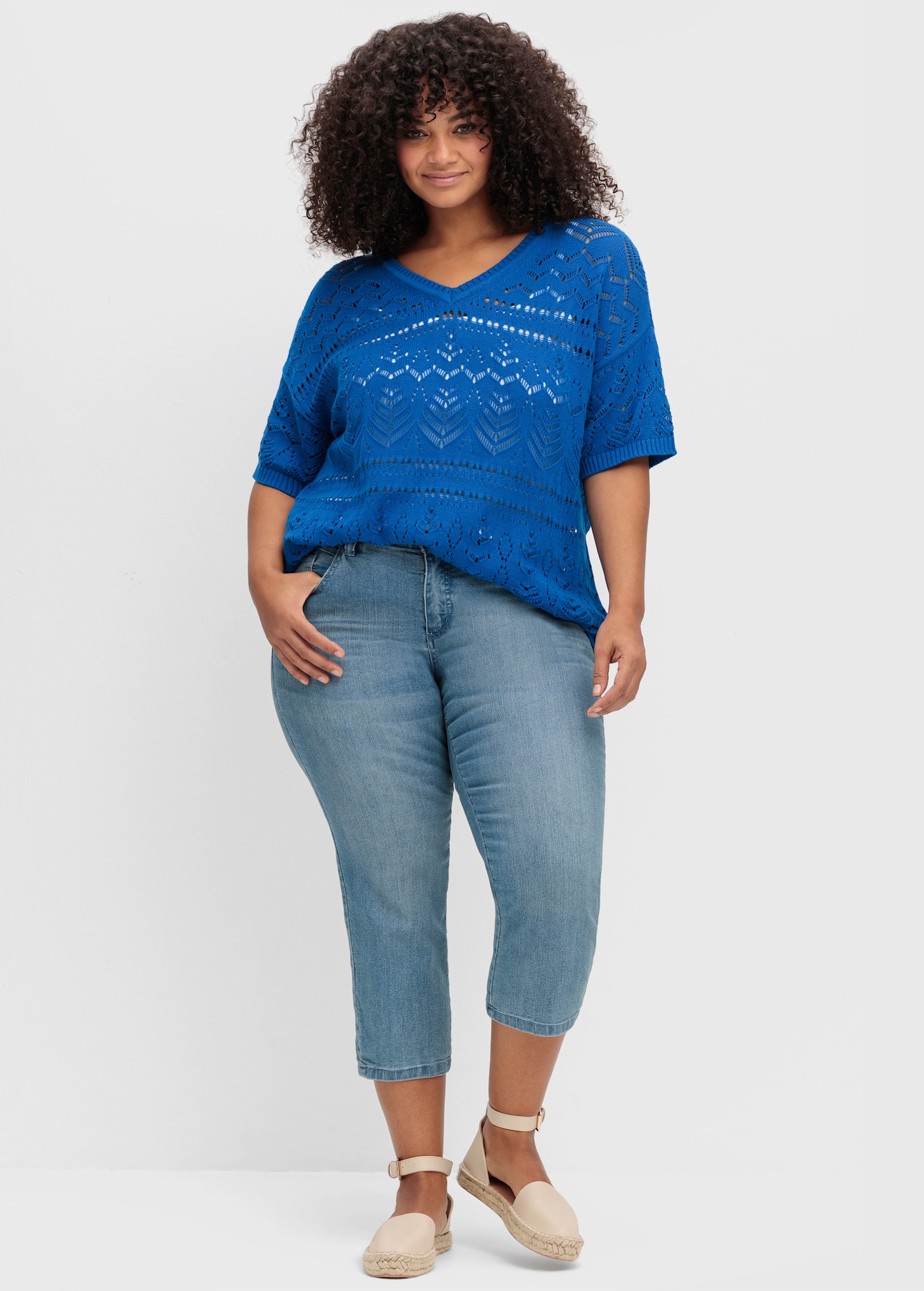 sheego Pullover im Ajourstrick - kobaltblau