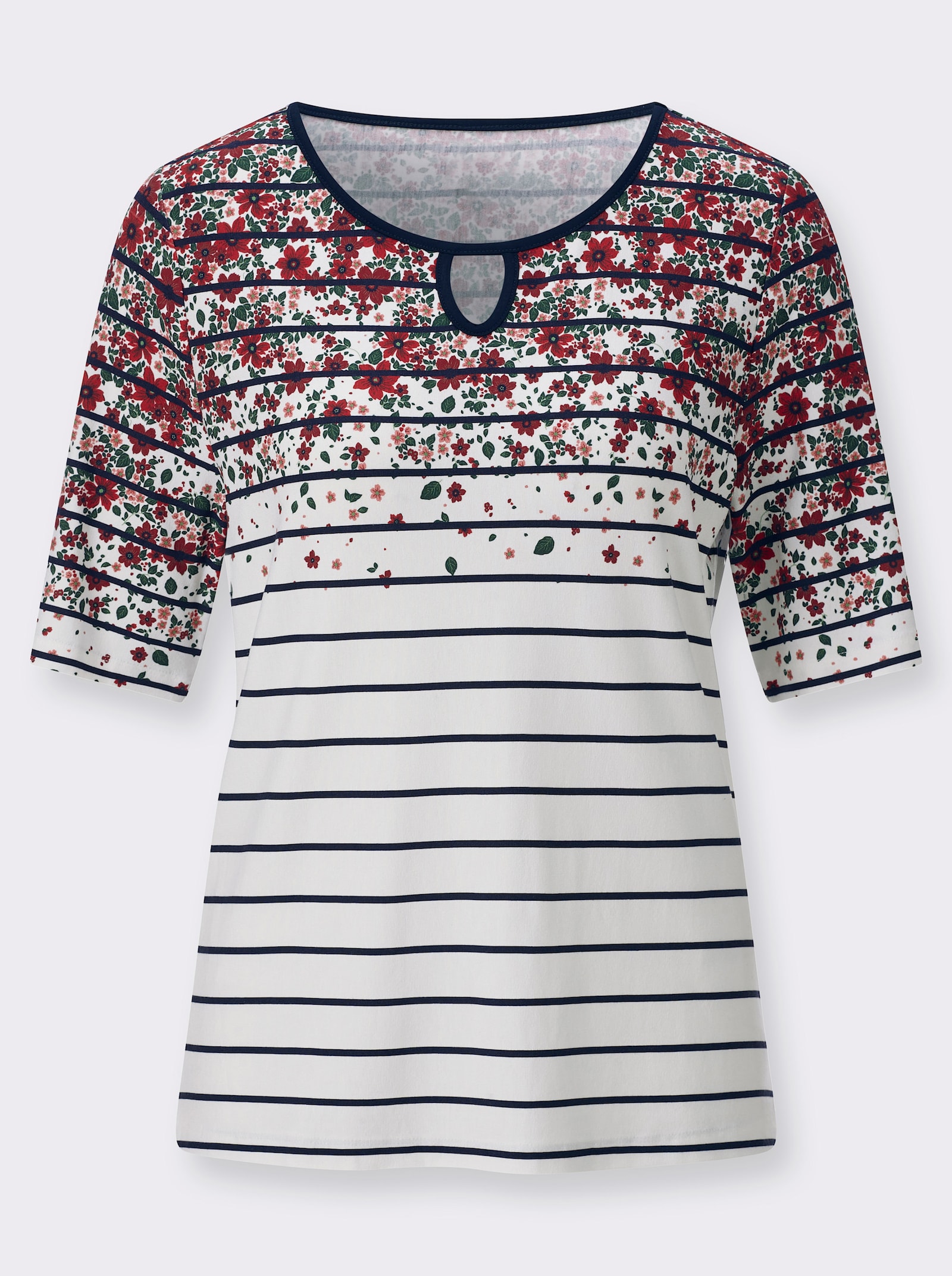 Kurzarmshirt mit Streifen- und Blütenmuster - marine-erdbeere-bedruckt