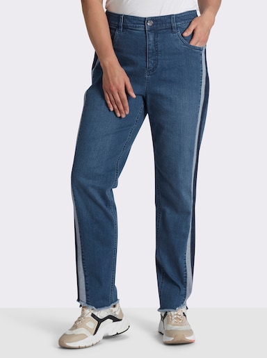 sheego Jeans mit Kontrasteinsatz und Fransensaum - blue-stone-washed