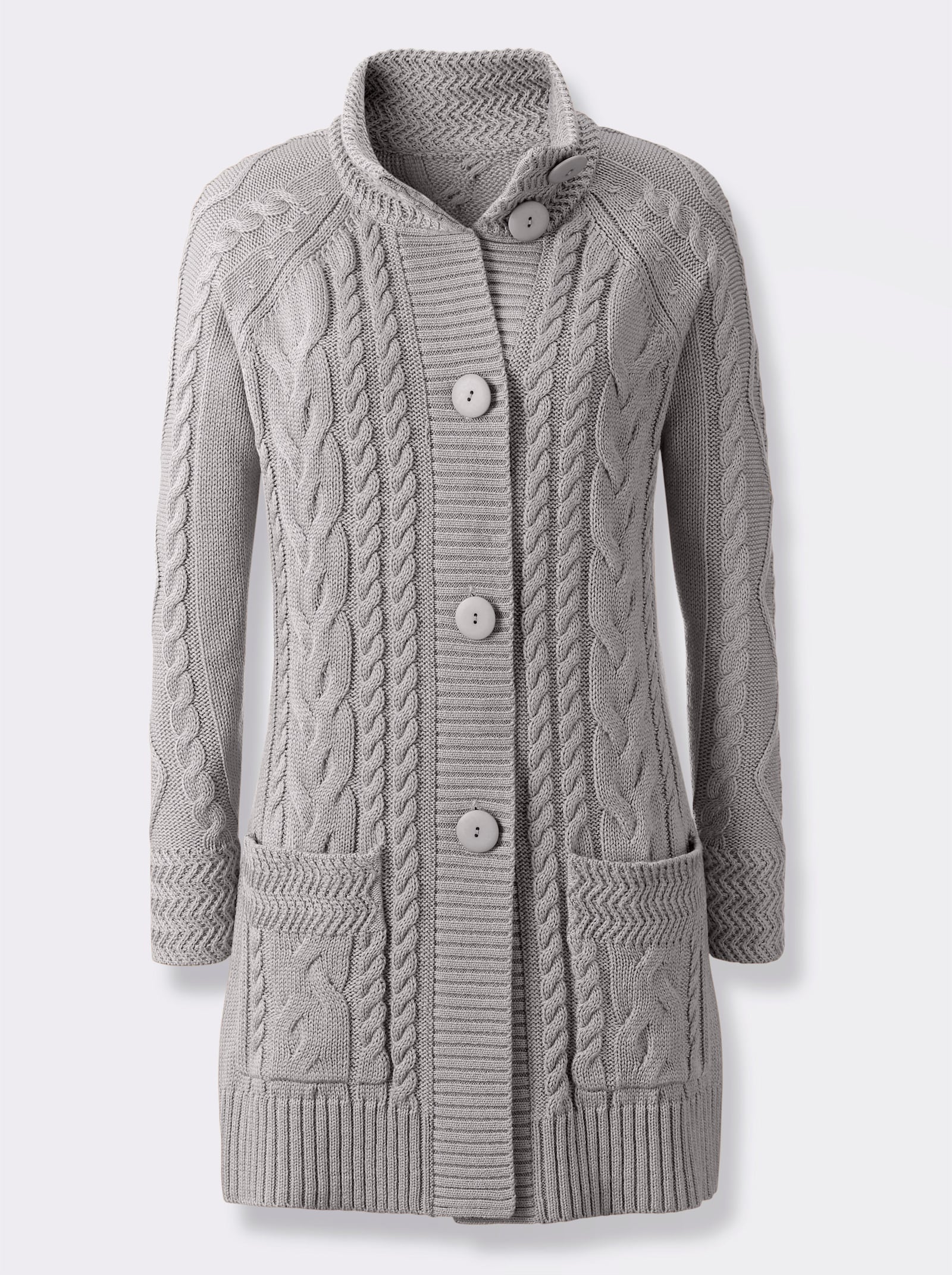 Longstrickjacke mit Einstrickmuster - steingrau-meliert