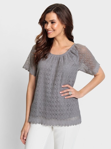 Spitzenshirt mit elastischem Ausschnitt - steingrau