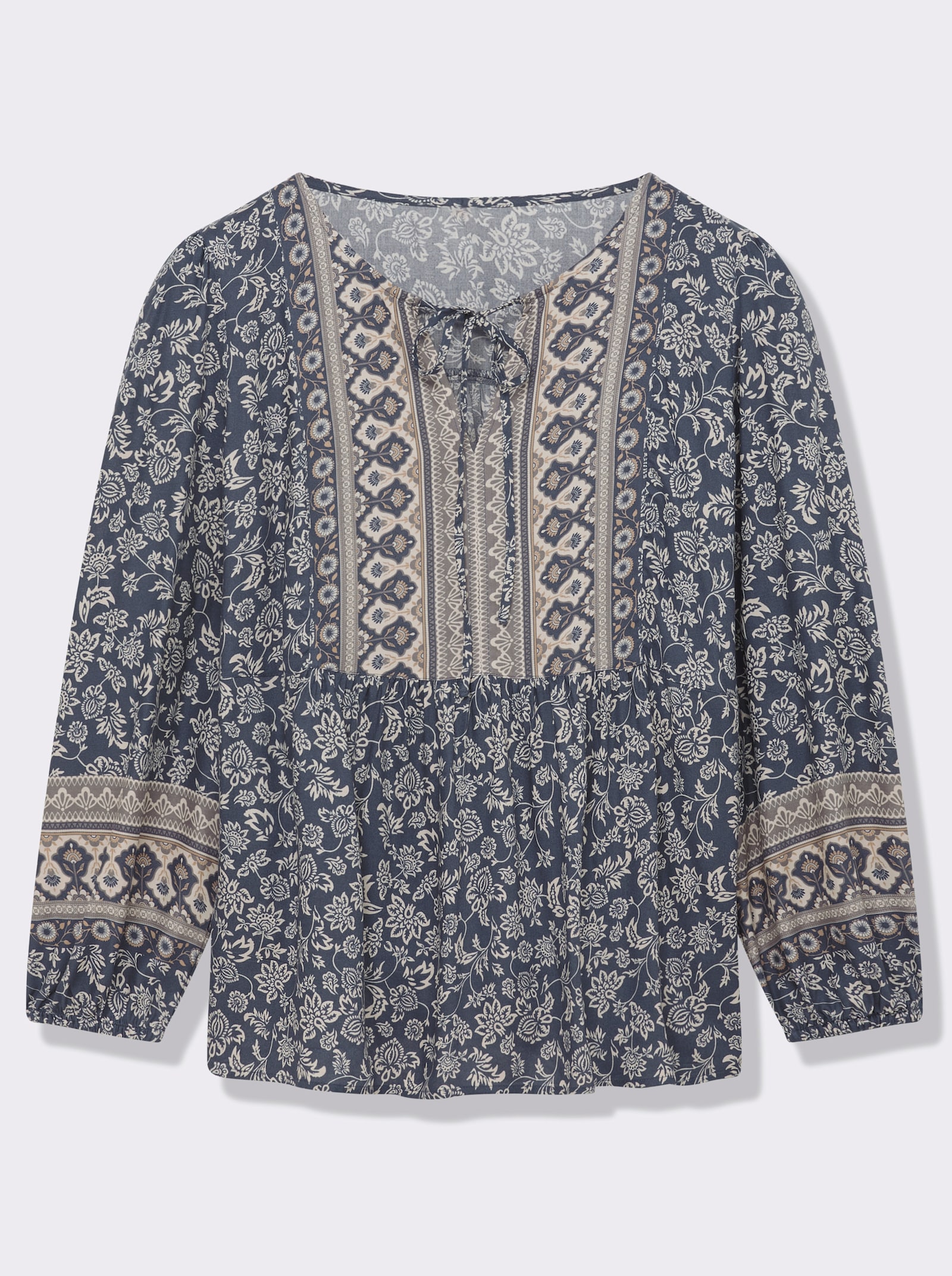 Druckbluse in Tunikaform - rauchblau-champagner-bedruckt