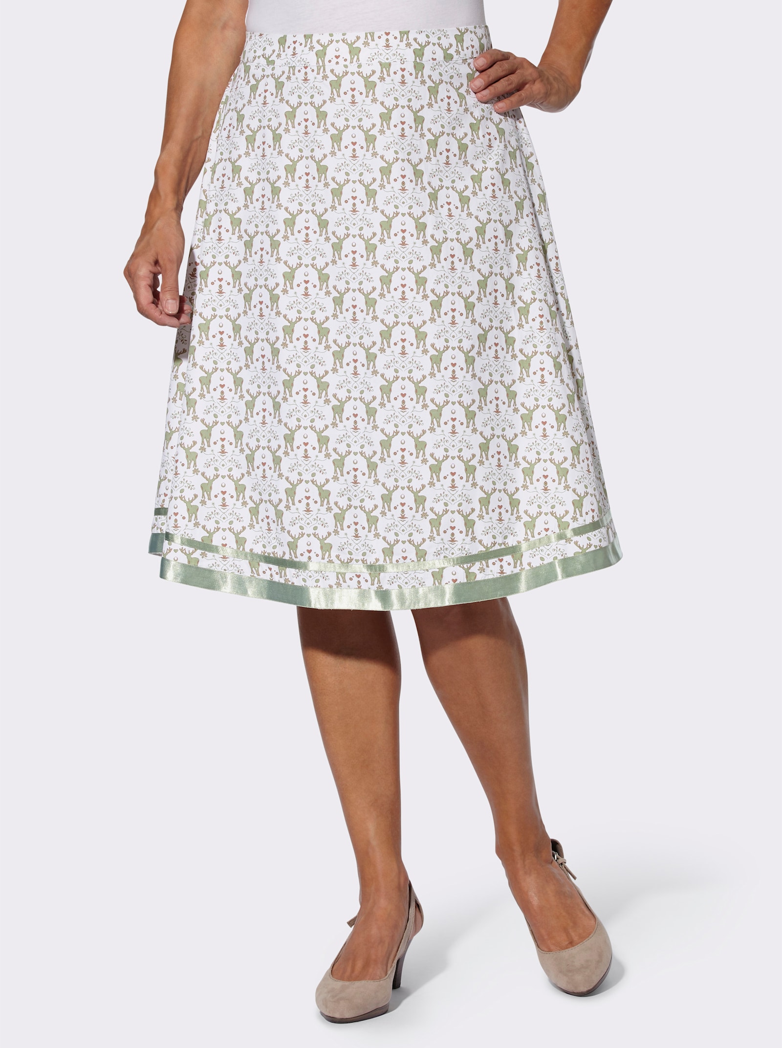 Trachtenrock in A-Form, schwingend - ecru-eucalyptus-bedruckt