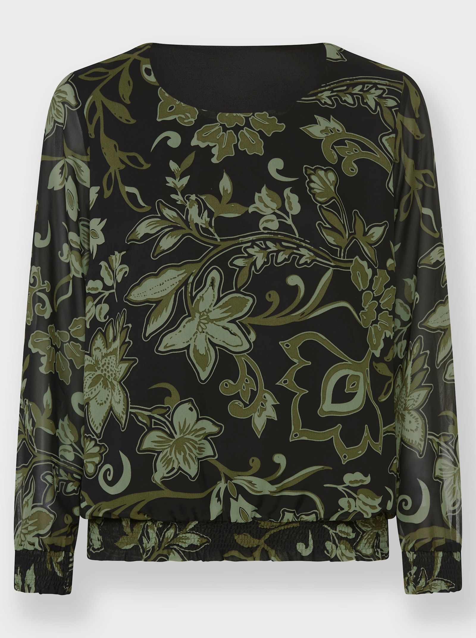 Georgettebluse mit gesmokten Bündchen - schwarz-oliv-bedruckt