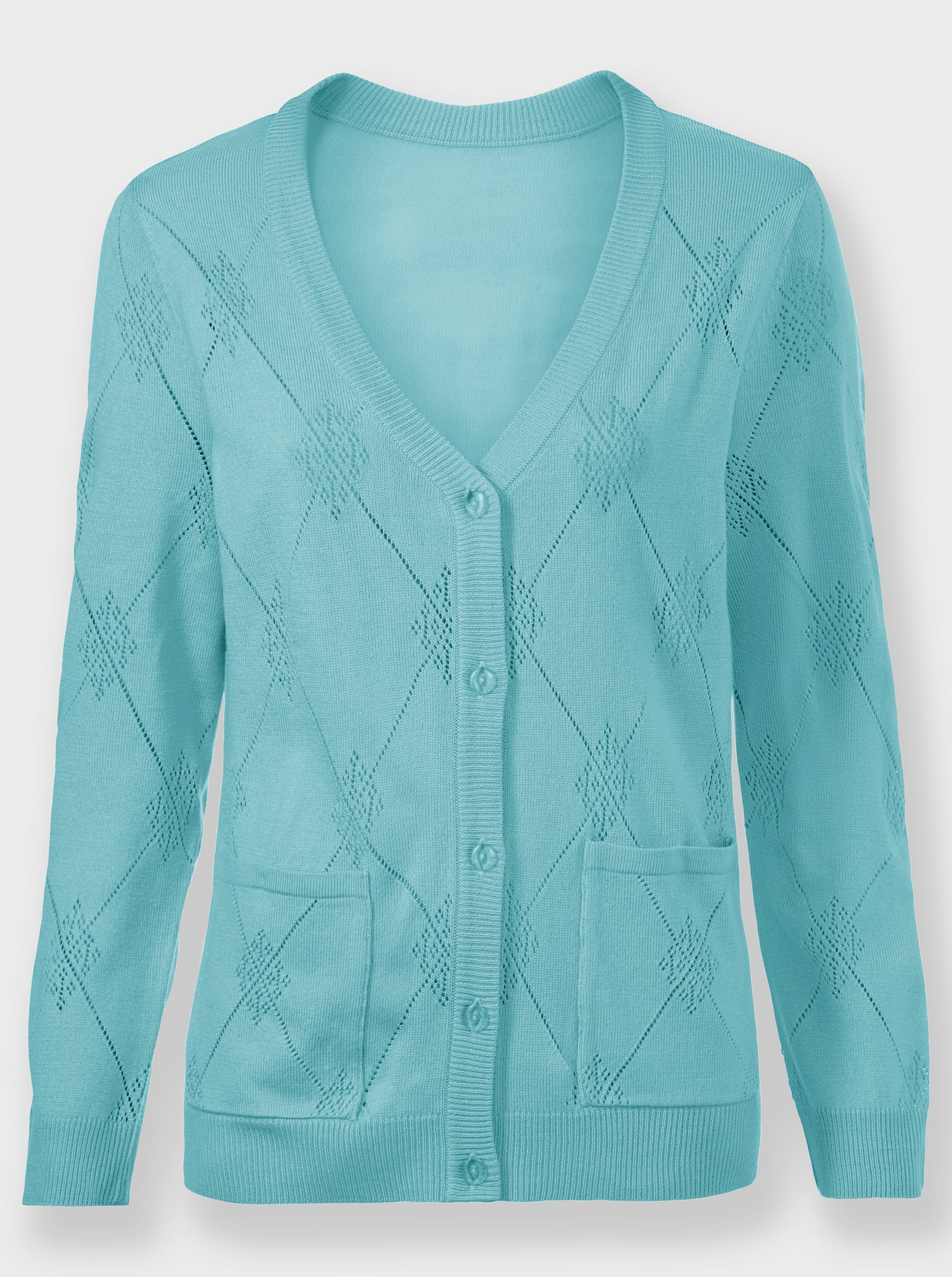 Ajourstrickjacke mit Rautenmuster - aquamarin