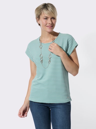 Rundhalsshirt mit zweifarbigem Jacquardmuster - salbei-ecru-geringelt