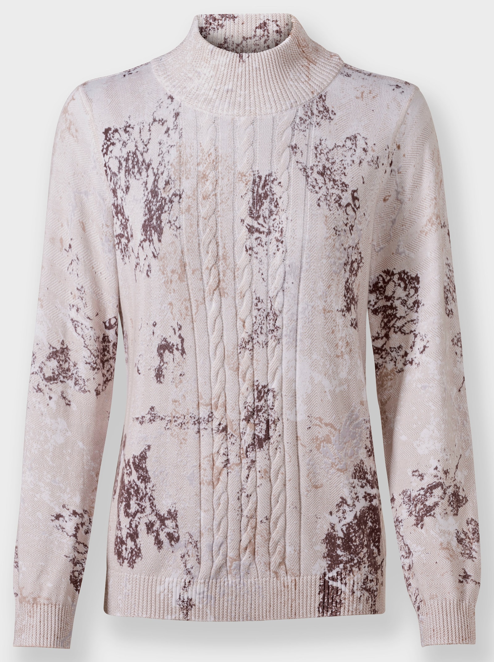 Feinstrickpullover mit höherem Stehkragen - beige-bedruckt