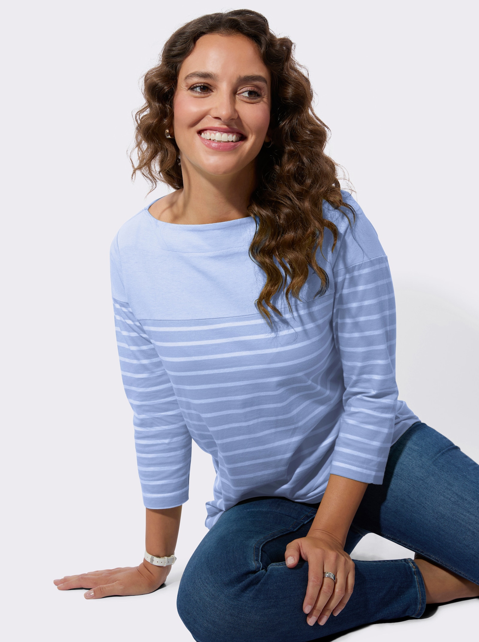 Ringelshirt mit 3/4 Ärmeln - eisblau-ecru-geringelt