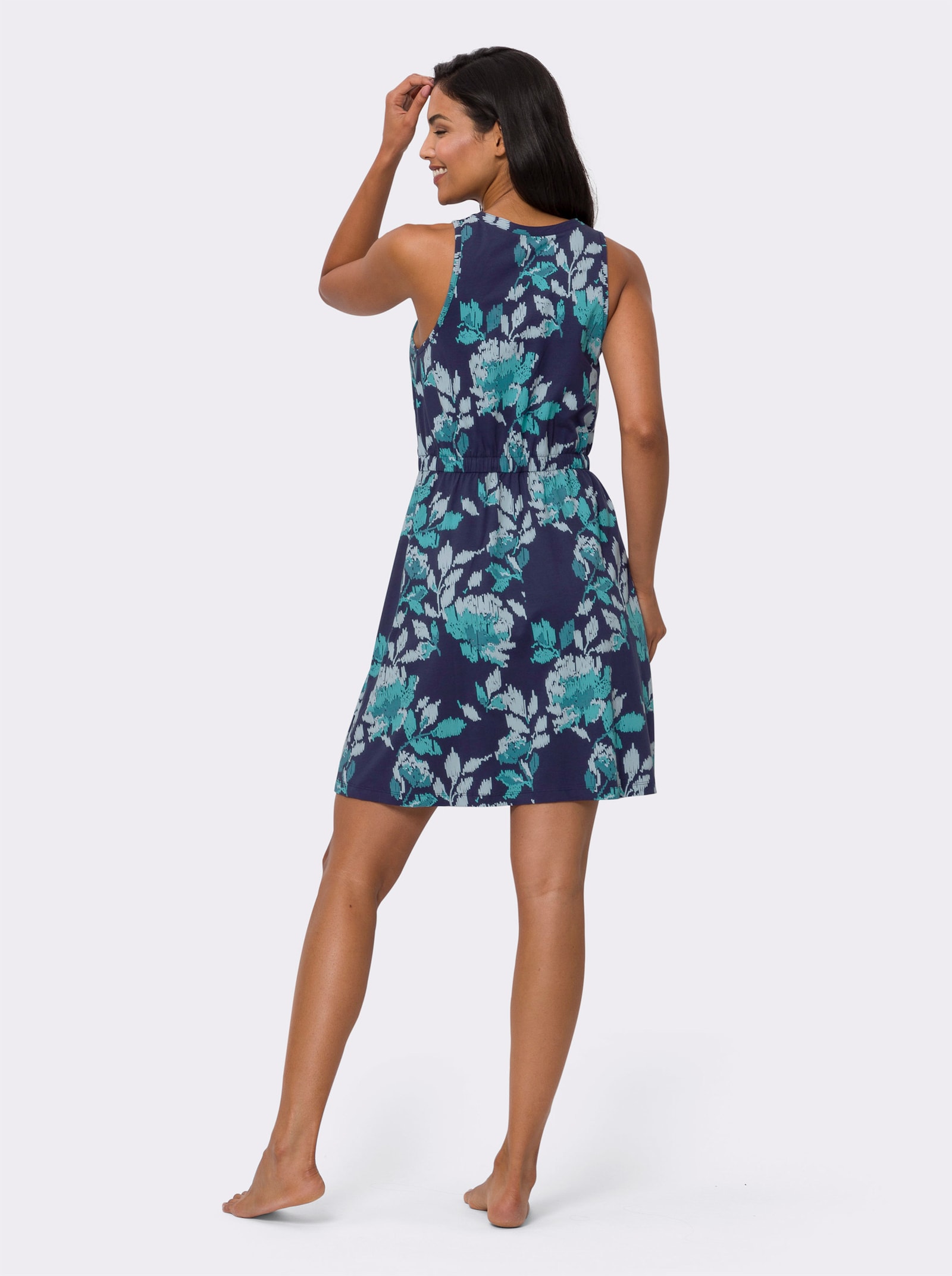 Sommerkleid mit Tunnelzug und Bindeband - marine-bedruckt