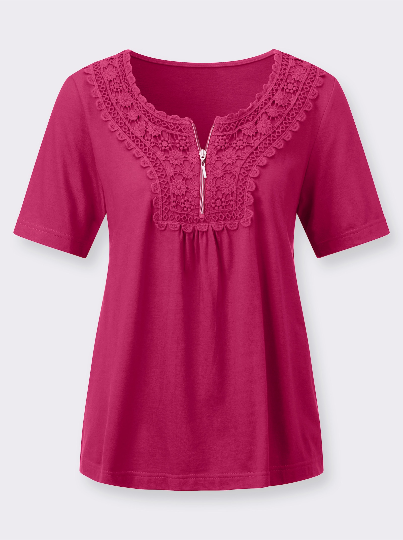 Kurzarmshirt mit Stickerei - fuchsia