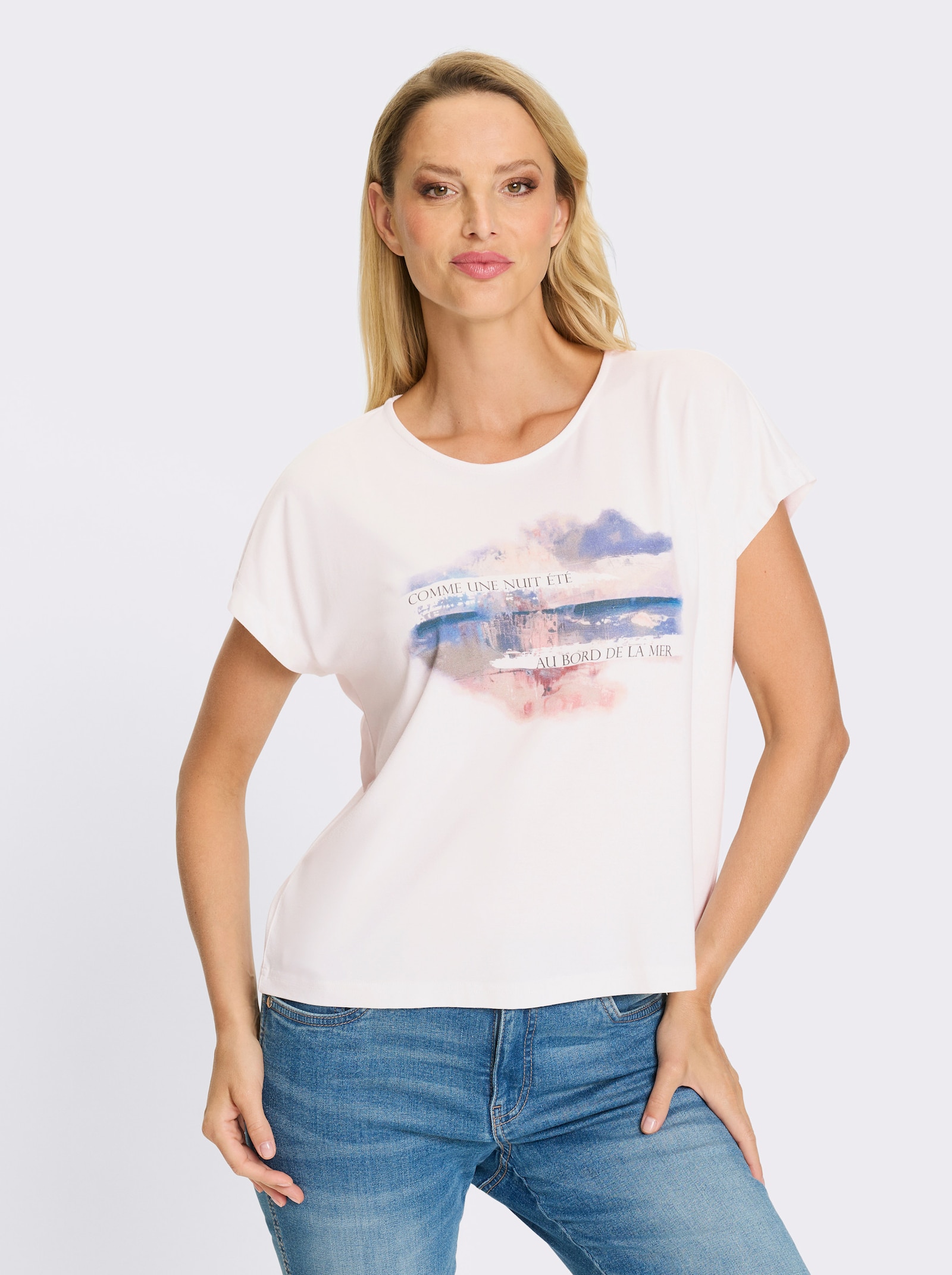 heine Kurzarmshirt mit Schriftzug-Print - weiß-rauchblau