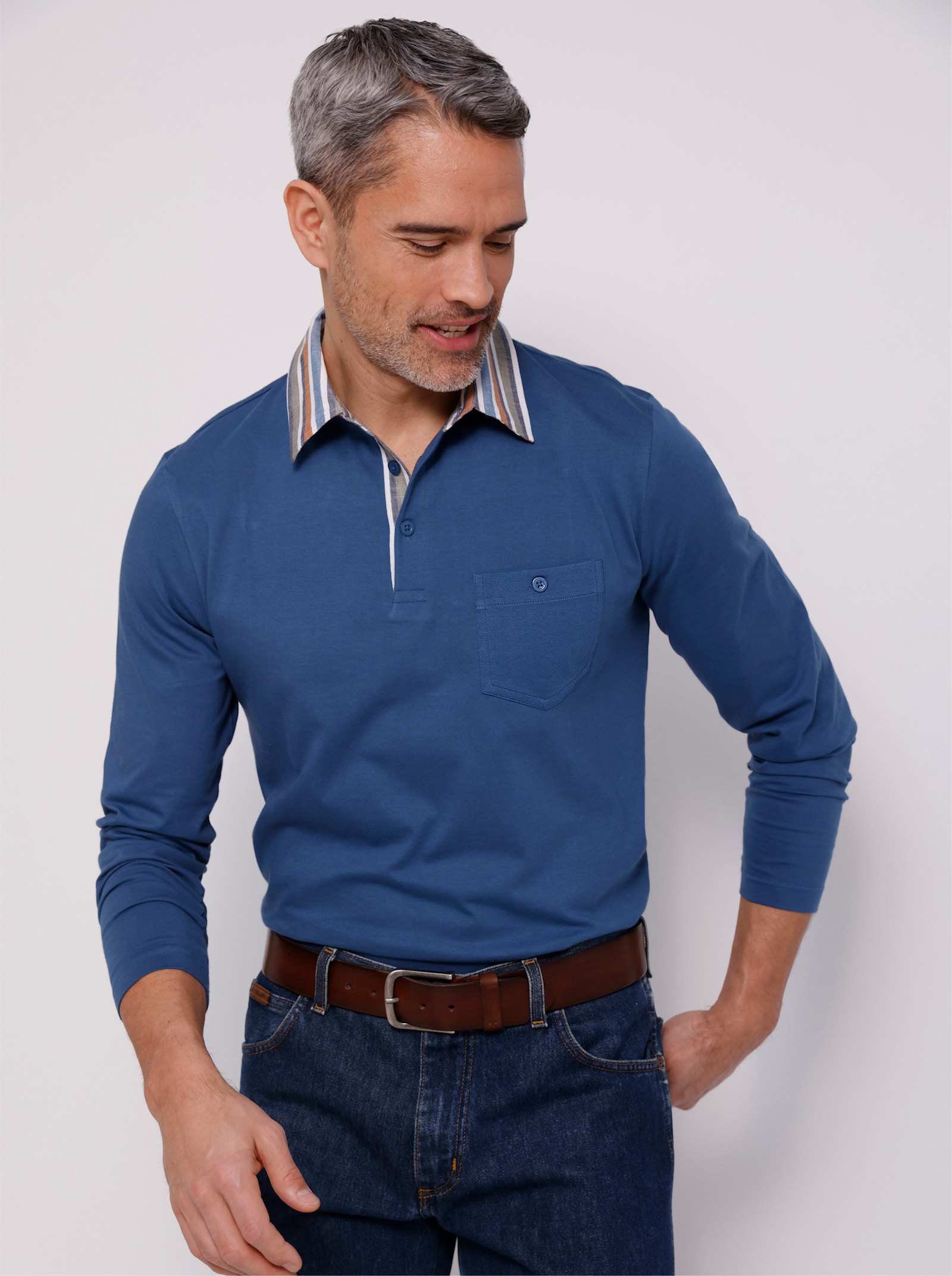 Langarm-Poloshirt mit gewebtem Kragen - jeansblau