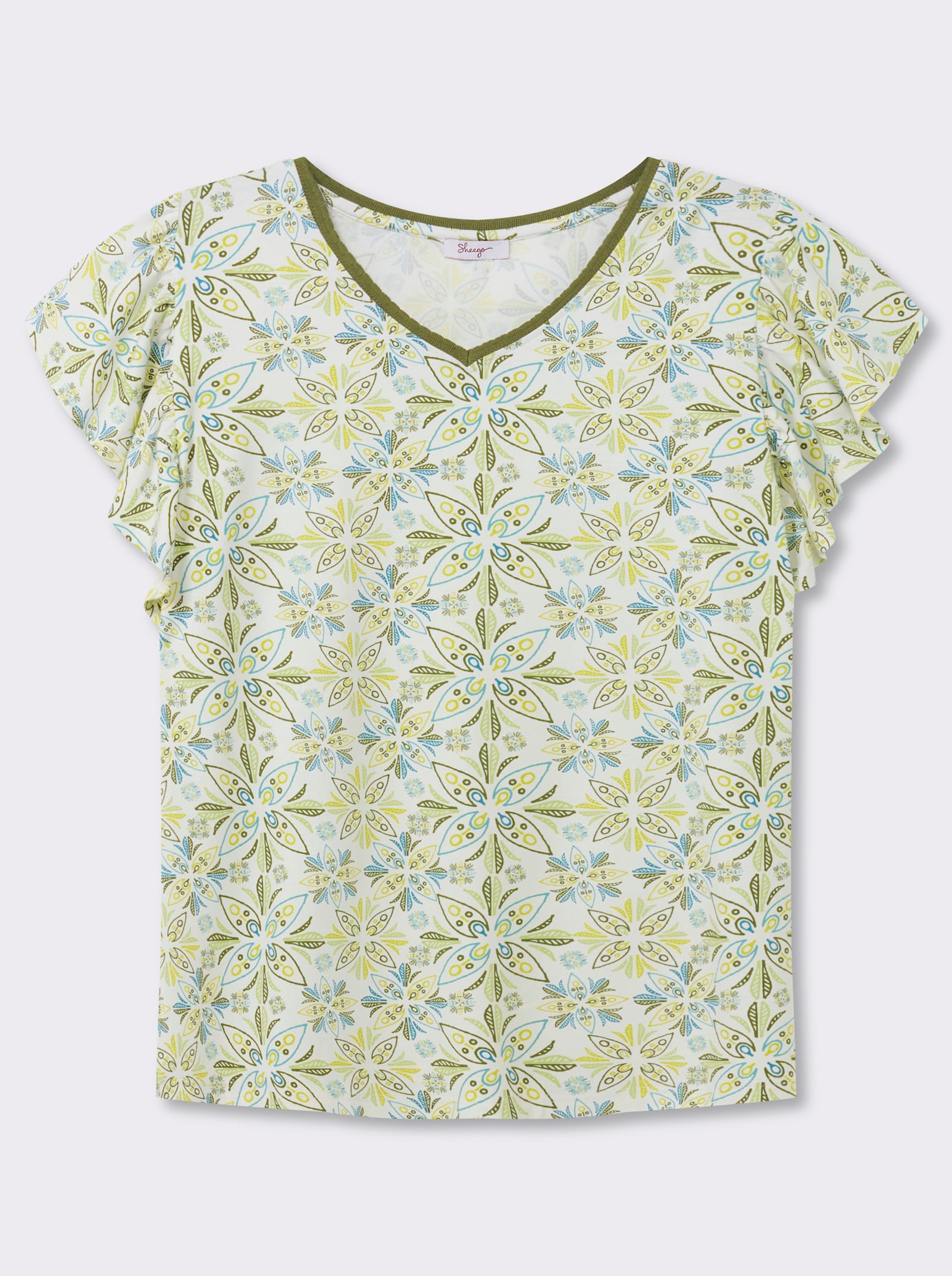 sheego V-Shirt mit Flügelärmeln und Blumenprint - ecru-topas-bedruckt