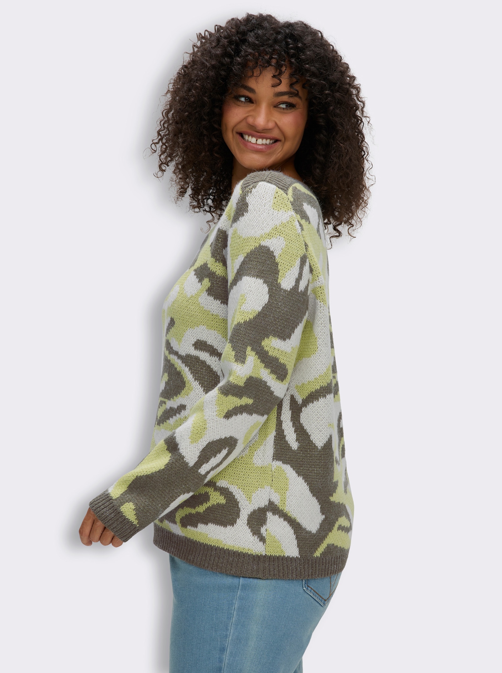 Jacquard-Pullover mit unifarbenen Abschlüssen - pistazie-khaki-gemustert