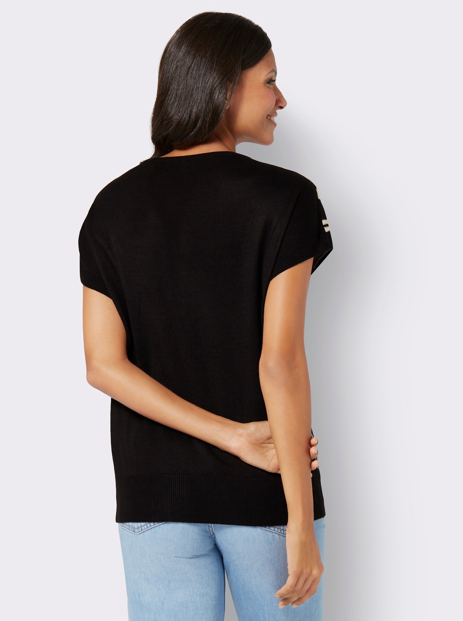 V-Ausschnitt-Pullover in Wickel-Optik, gestreift - schwarz-sand-gemustert