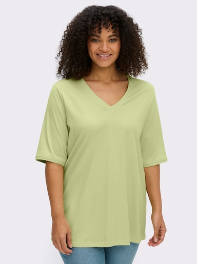 sheego Shirt met ajourband bij de V-hals en op de mouwen - pistache