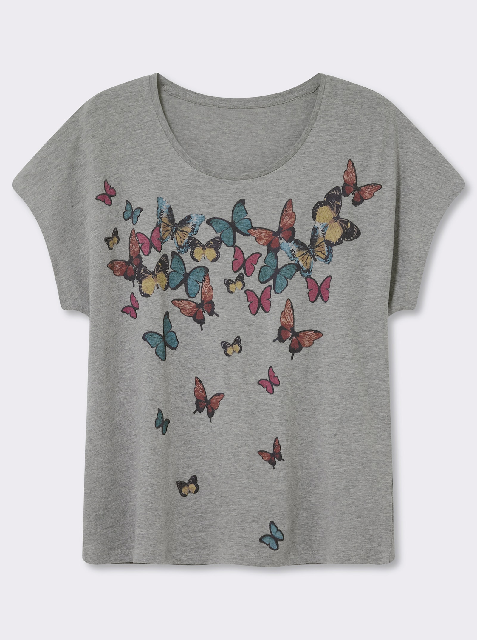 Rundhalsshirt mit Schmetterlingen bedruckt - hellgrau-salbei-meliert