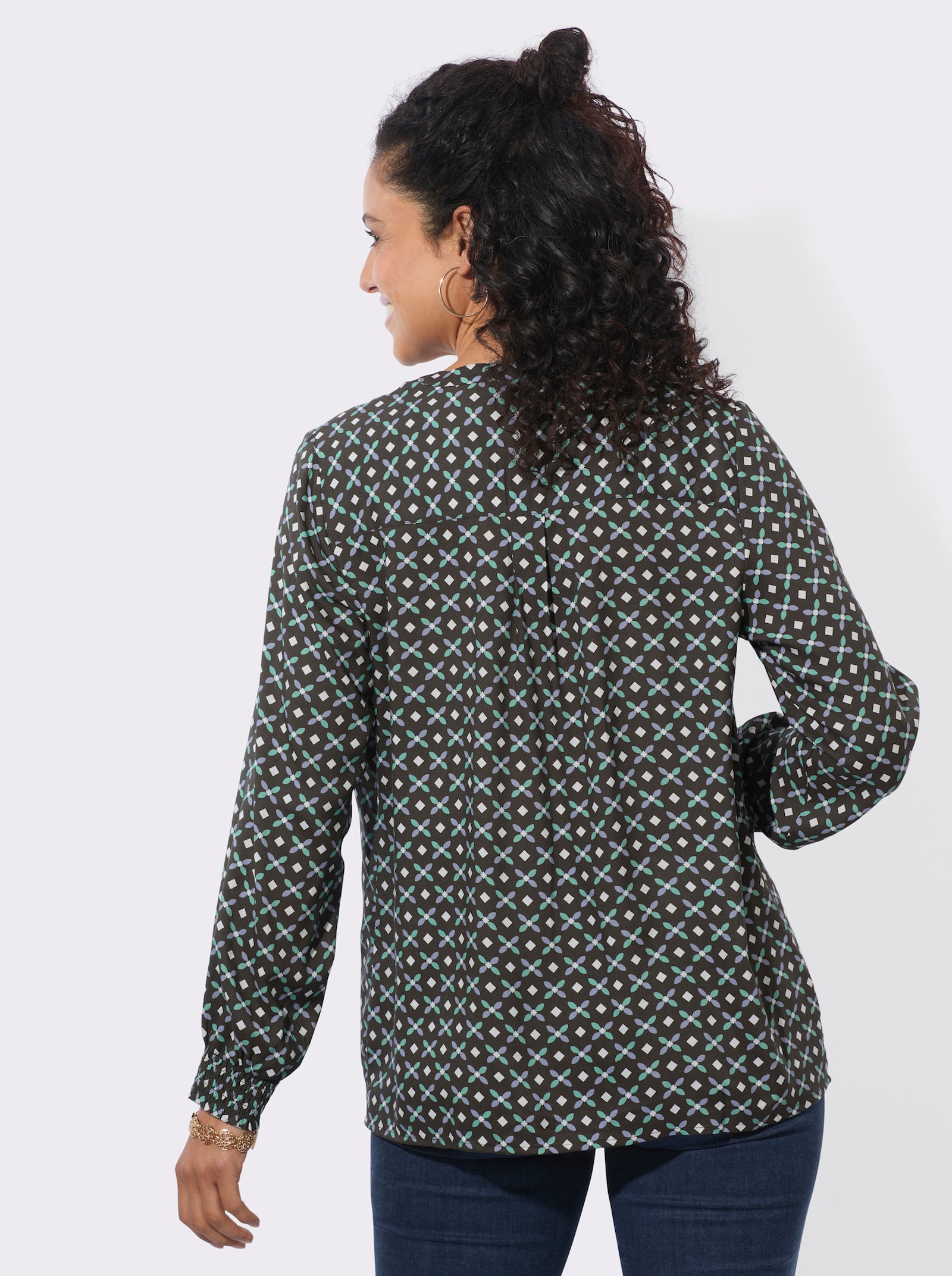 Longbluse mit Falte hinten - graphit-salbei-bedruckt