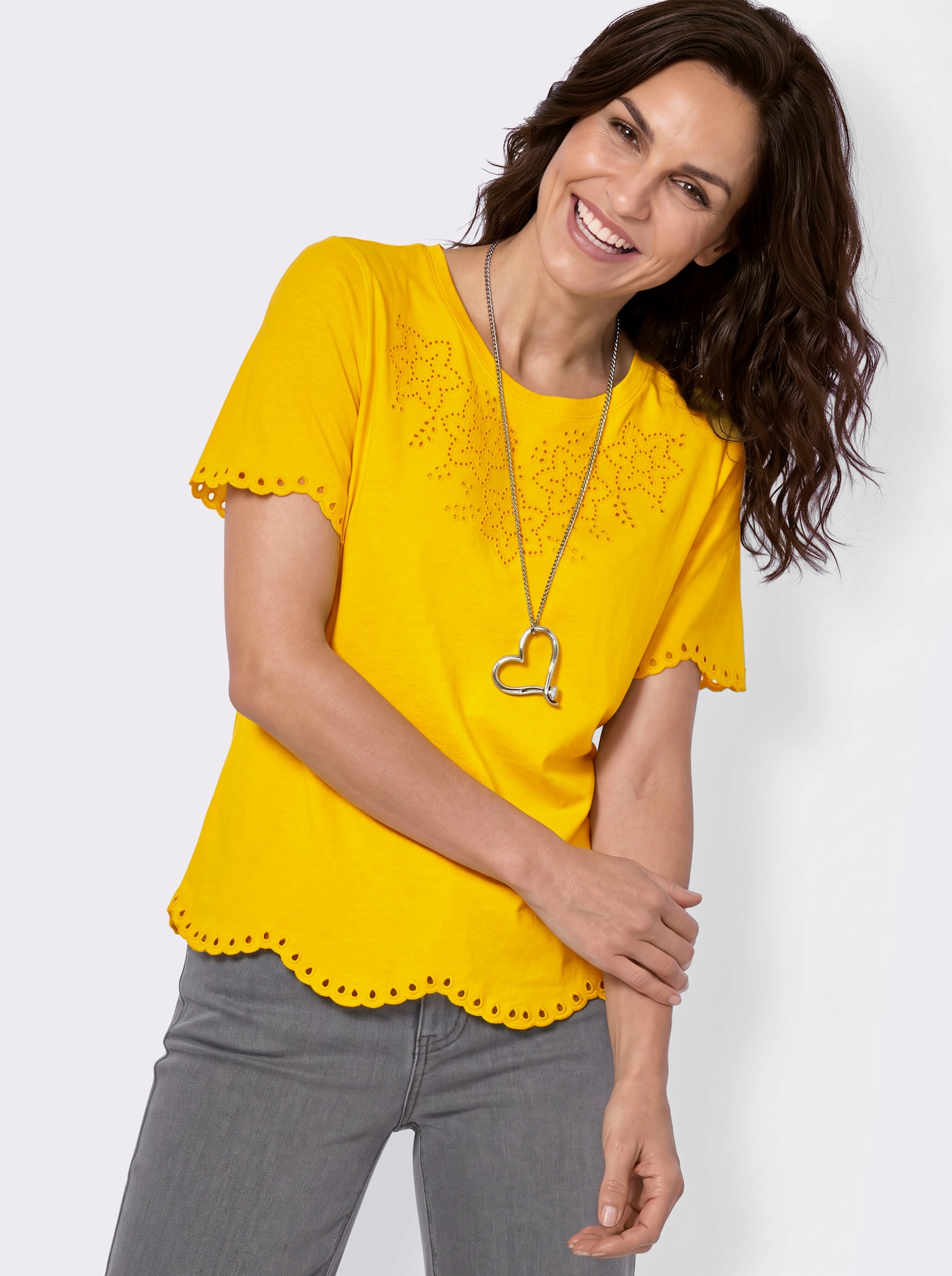 Kurzarmshirt mit Lochstickerei - sonnengelb