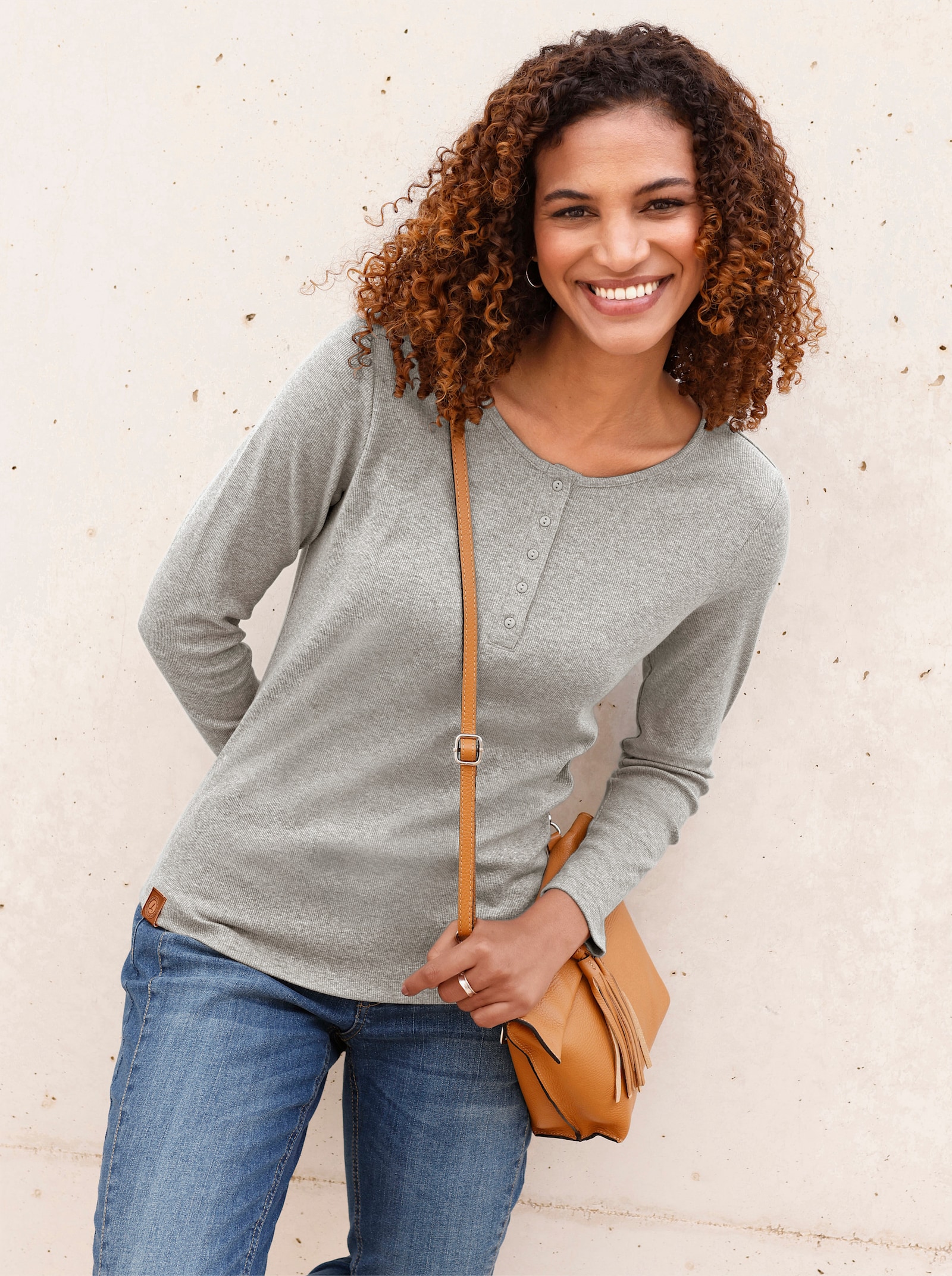 Shirt met ronde hals van geribd katoen - grijs gemêleerd