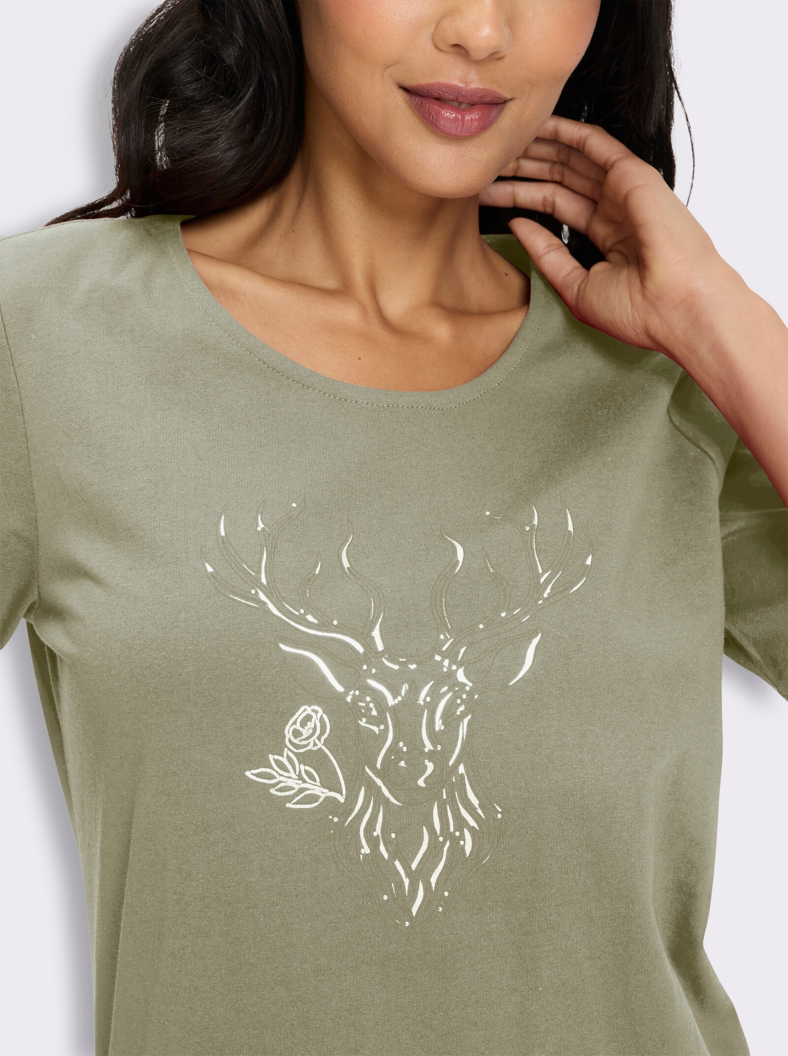Kurzarmshirt mit Hirsch-Motiv - schilf-oliv