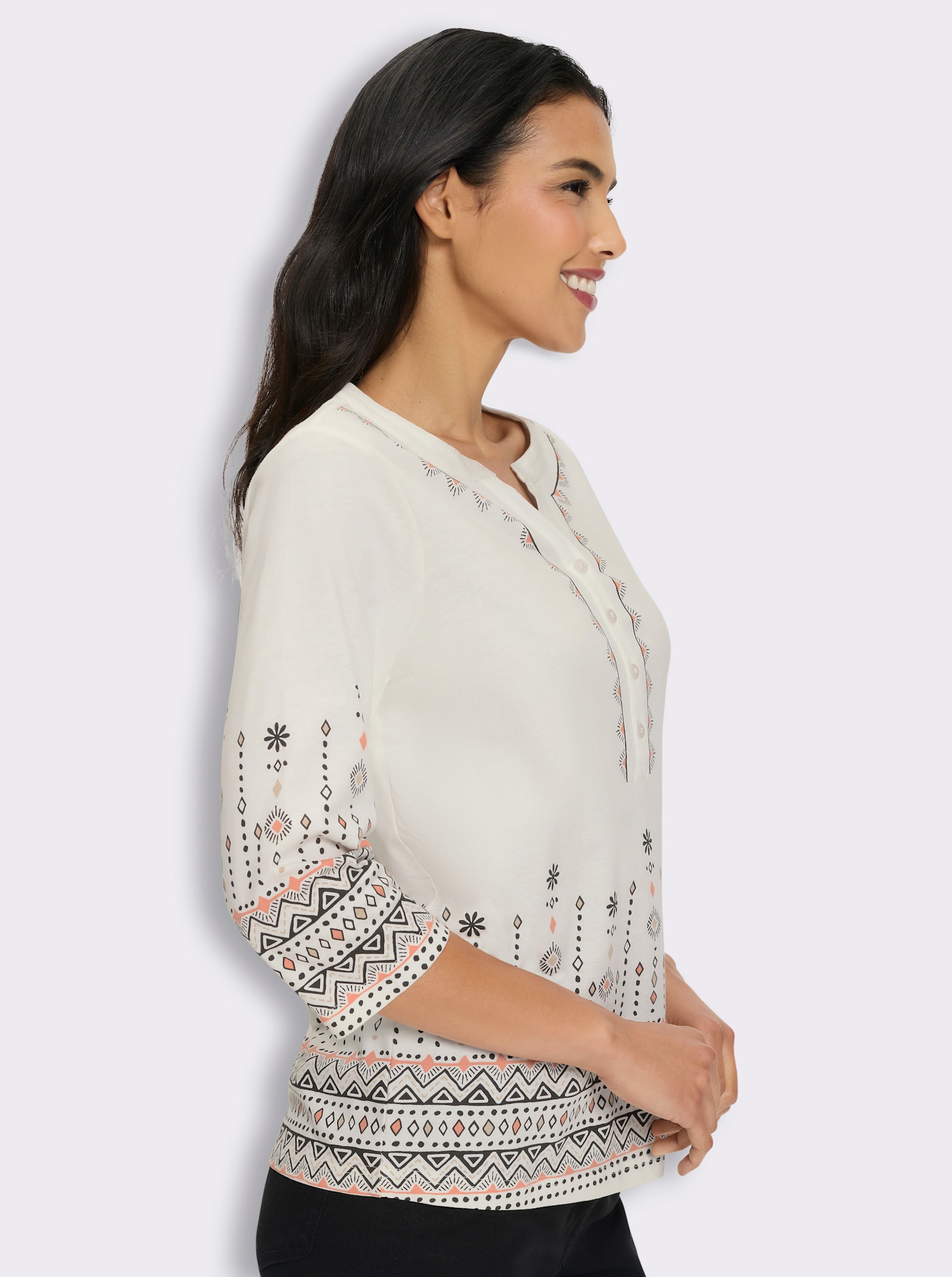 3/4-Arm-Shirt mit kurzer Knopfleiste - ecru-schwarz-bedruckt