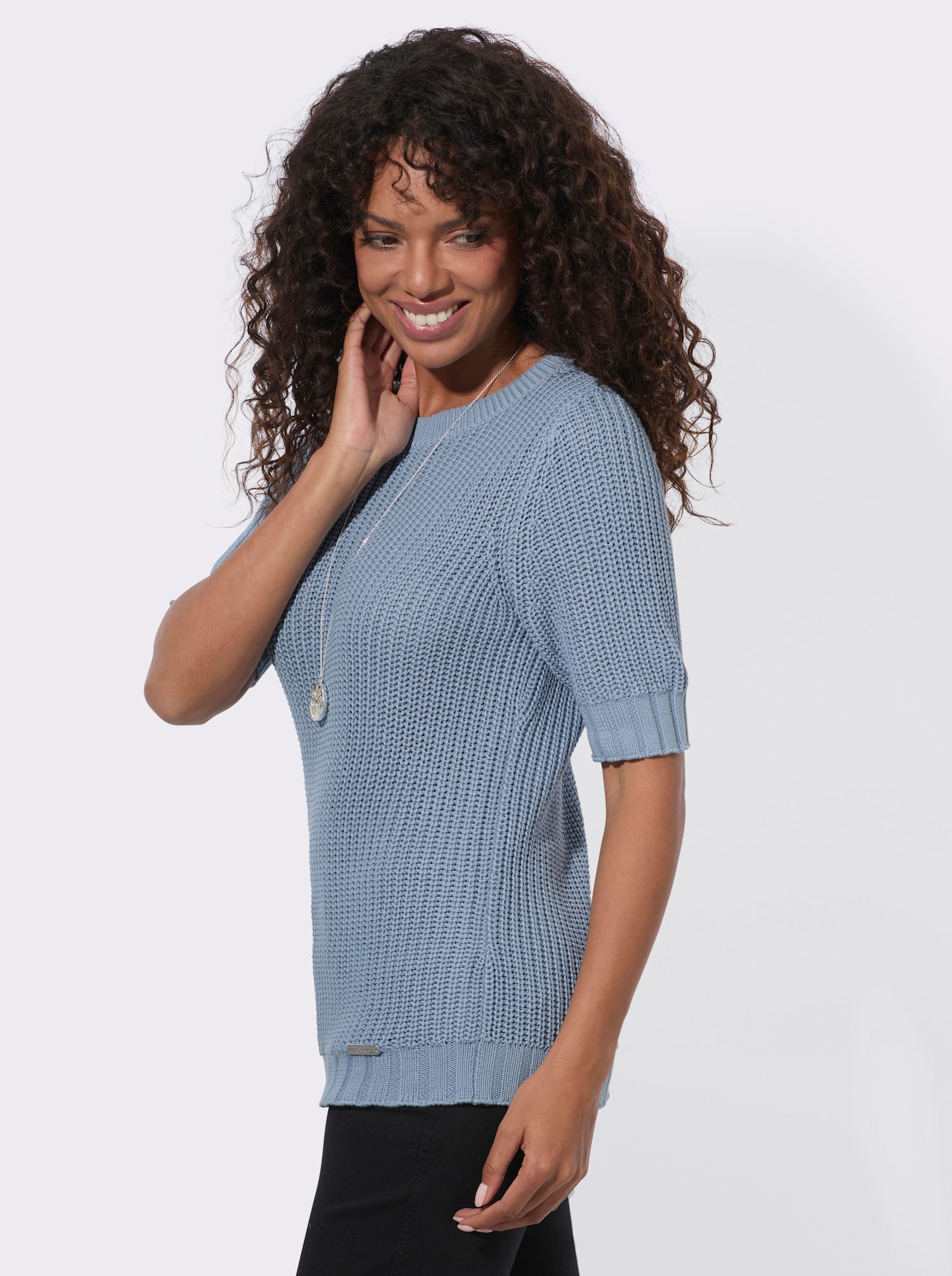 Kurzarmpullover mit Strickmuster - bleu