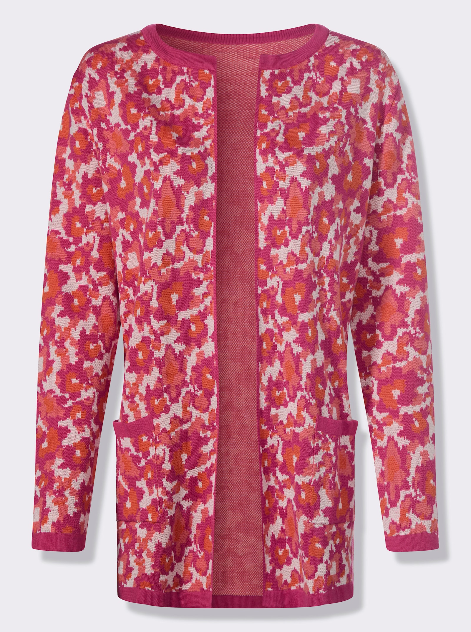 Jacquardstrickjacke mit 2 Taschen - fuchsia-koralle-gemustert