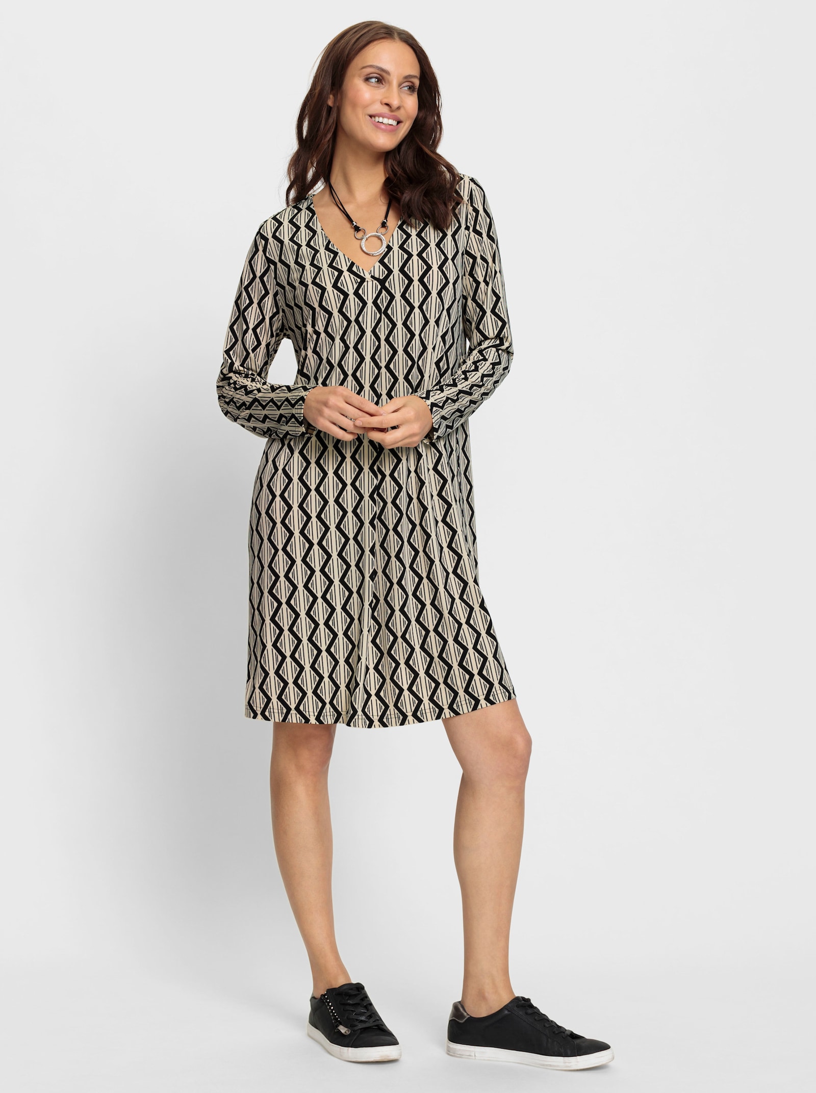 Druckkleid in A-Linie - sand-schwarz-bedruckt