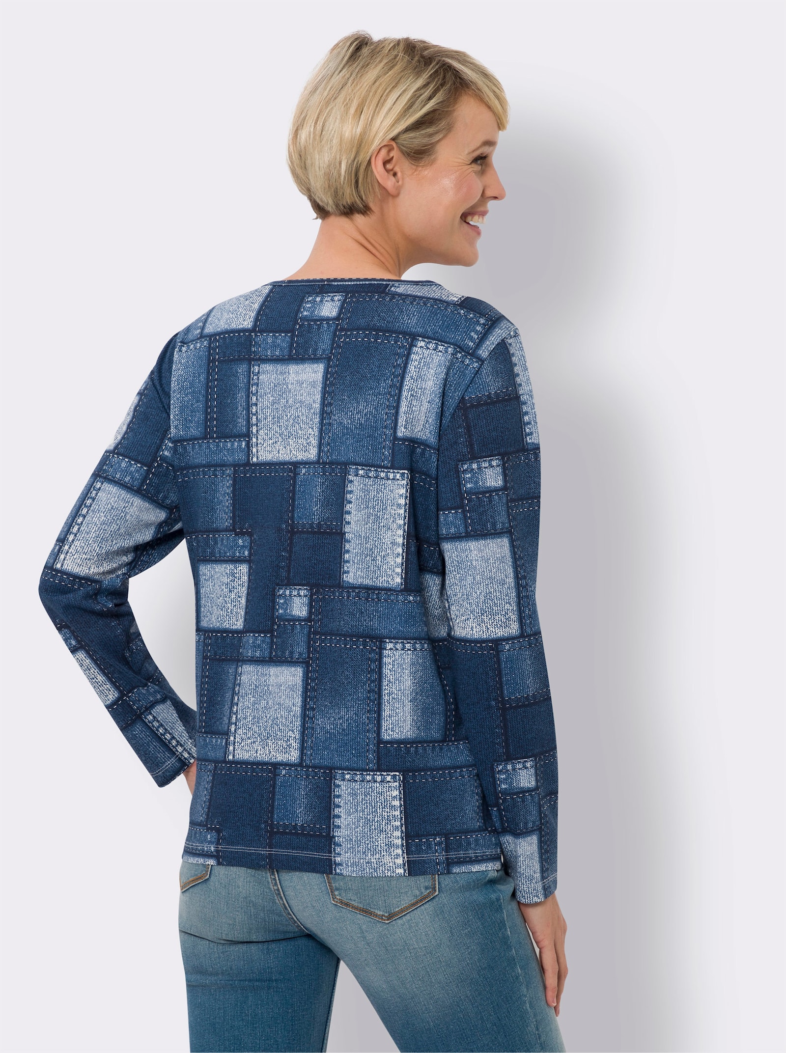 Langarmshirt mit Reißverschluss - eisblau-jeansblau-bedruckt