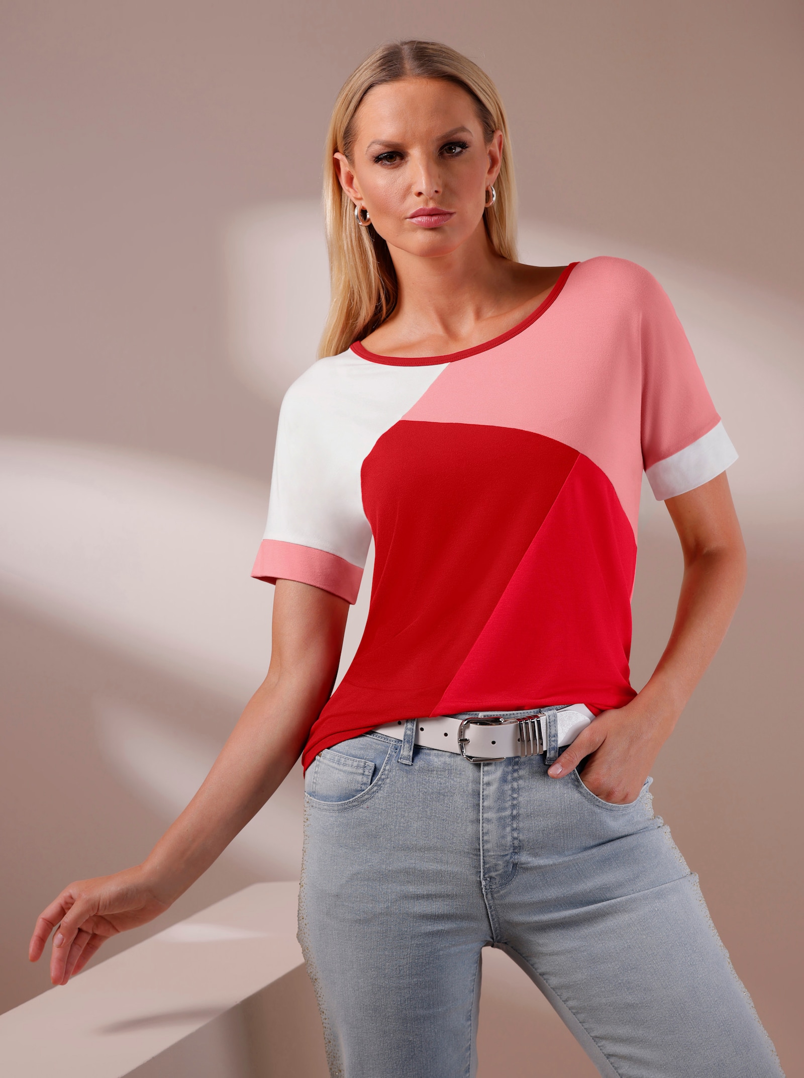 heine Rundhalsshirt im Colour Blocking - rot-pink-gemustert