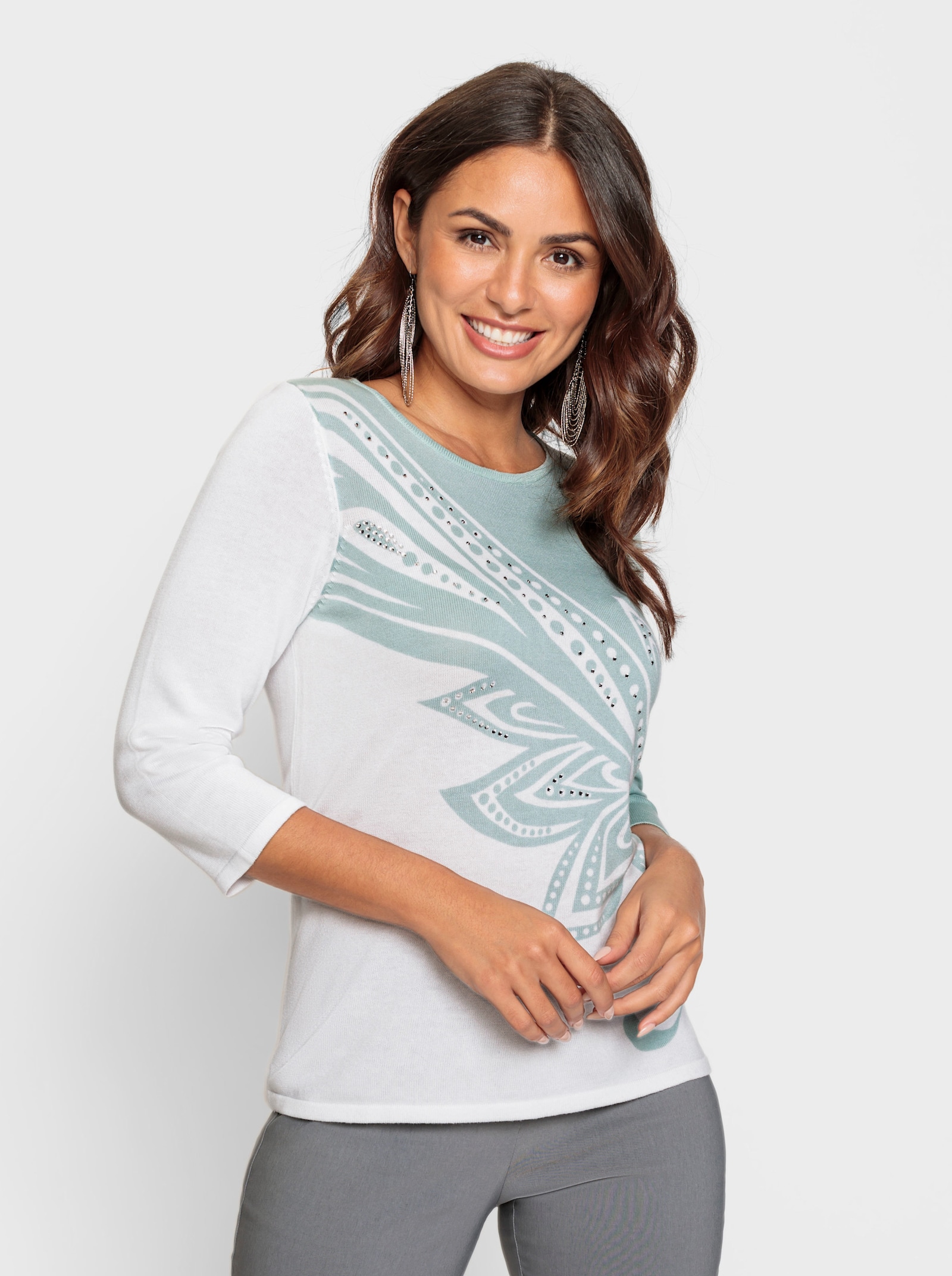 Feinstrickpullover mit platziertem Druck vorne - ecru-kalkmint-bedruckt