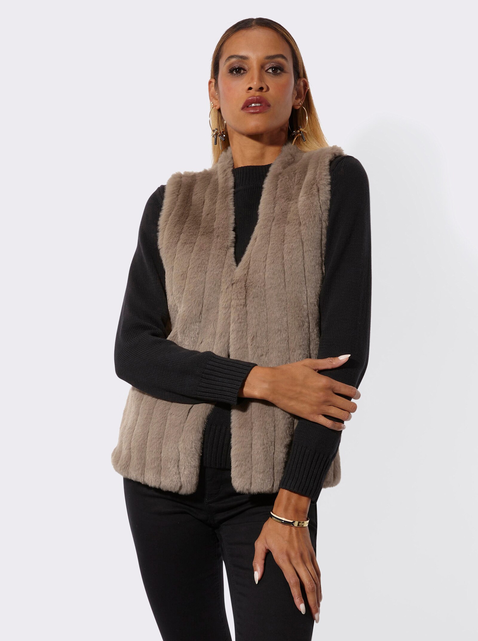 Strickweste mit Fellimitat vorne - dunkeltaupe