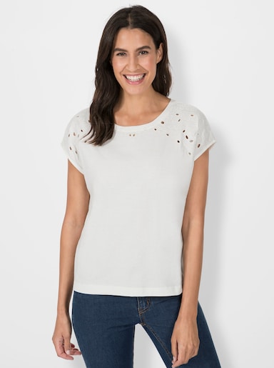 Rundhalsshirt mit Loch-Stickerei - ecru