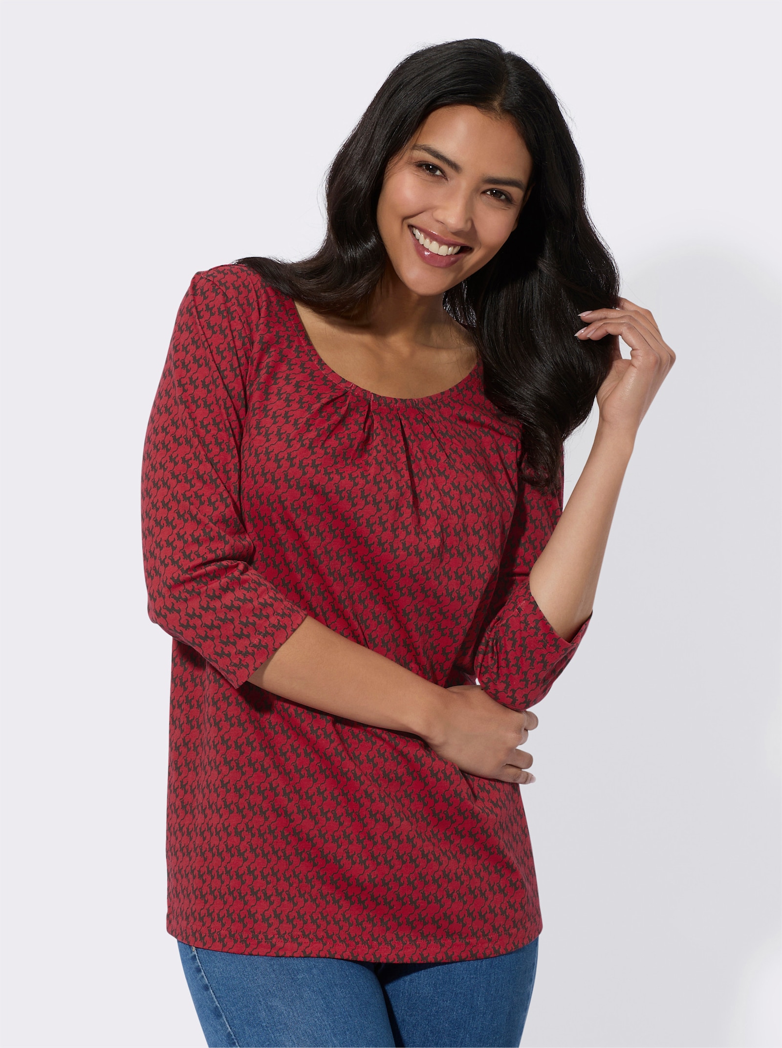 Tričko, 3/4 ruk.,potlač mačiek - červeno-čierna potlač