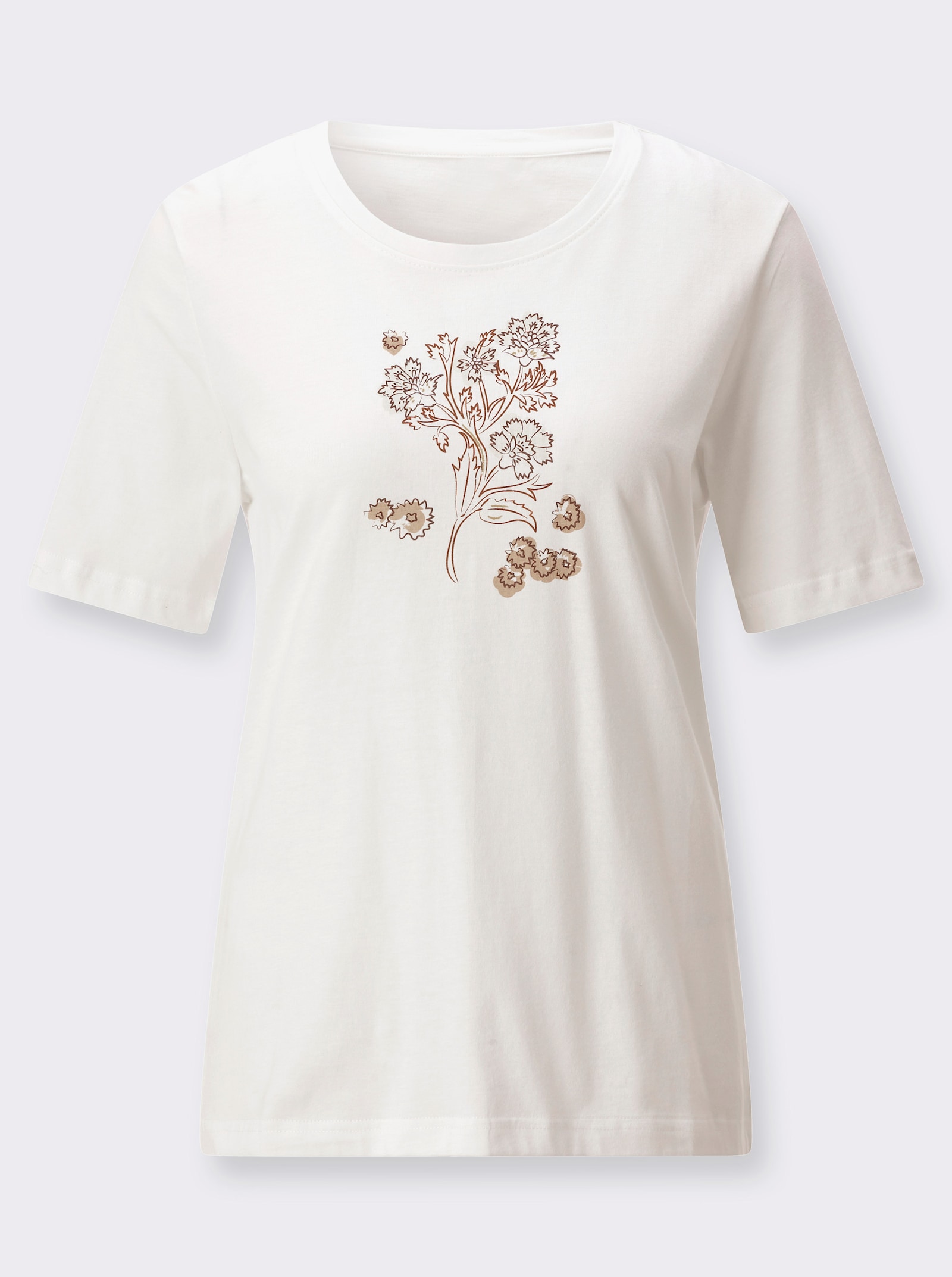 Rundhalsshirt mit Blütendruck vorne - ecru-schoko