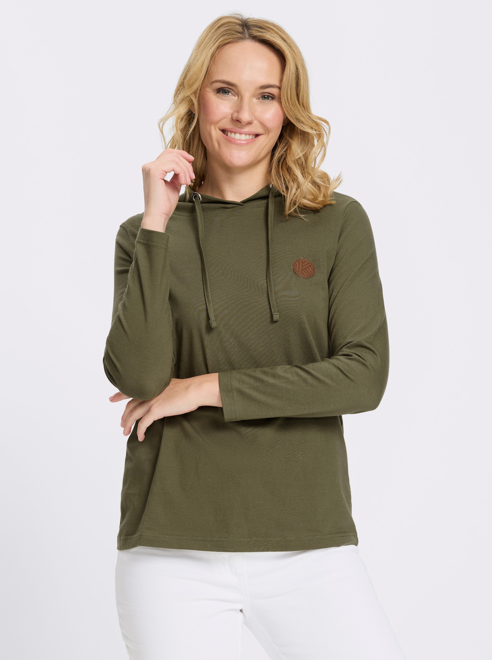 Kapuzenshirt mit Lederimitat-Patch vorne - oliv