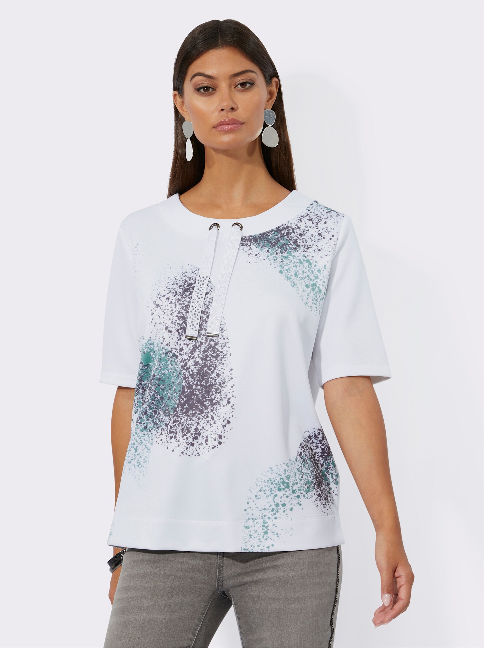 Sweatshirt mit Seitenschlitzen - ecru-anthrazit-bedruckt