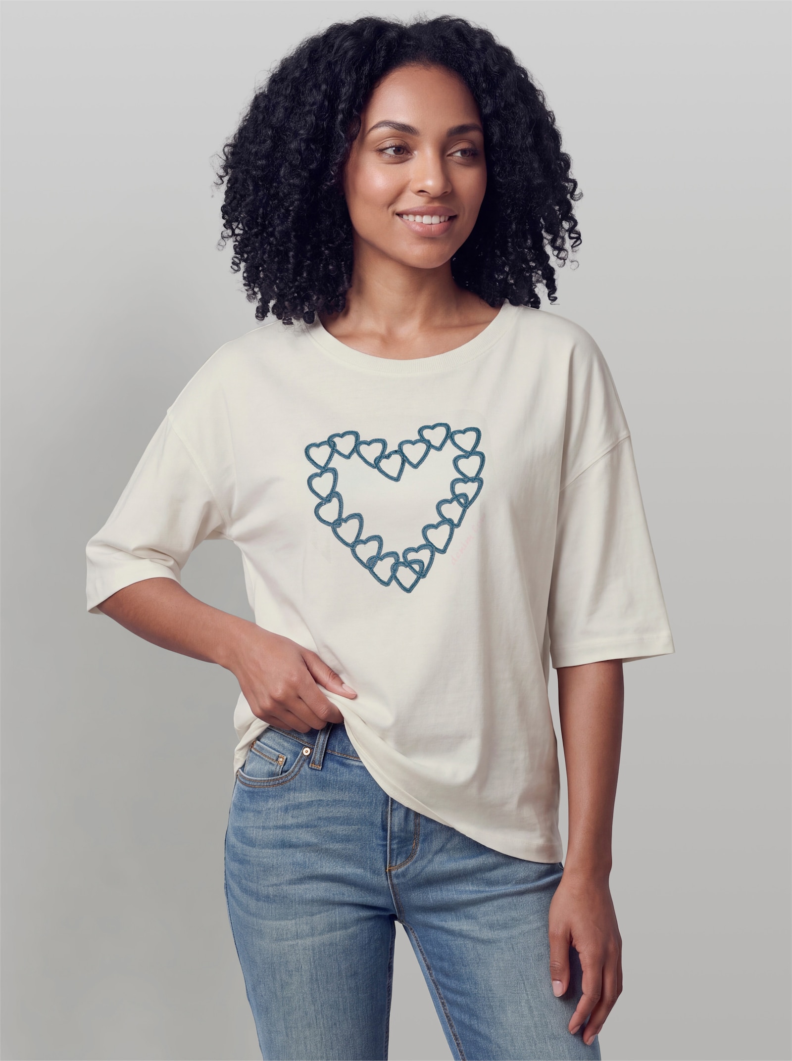 heine Kurzarmshirt mit Jeans-Details - ecru-bedruckt