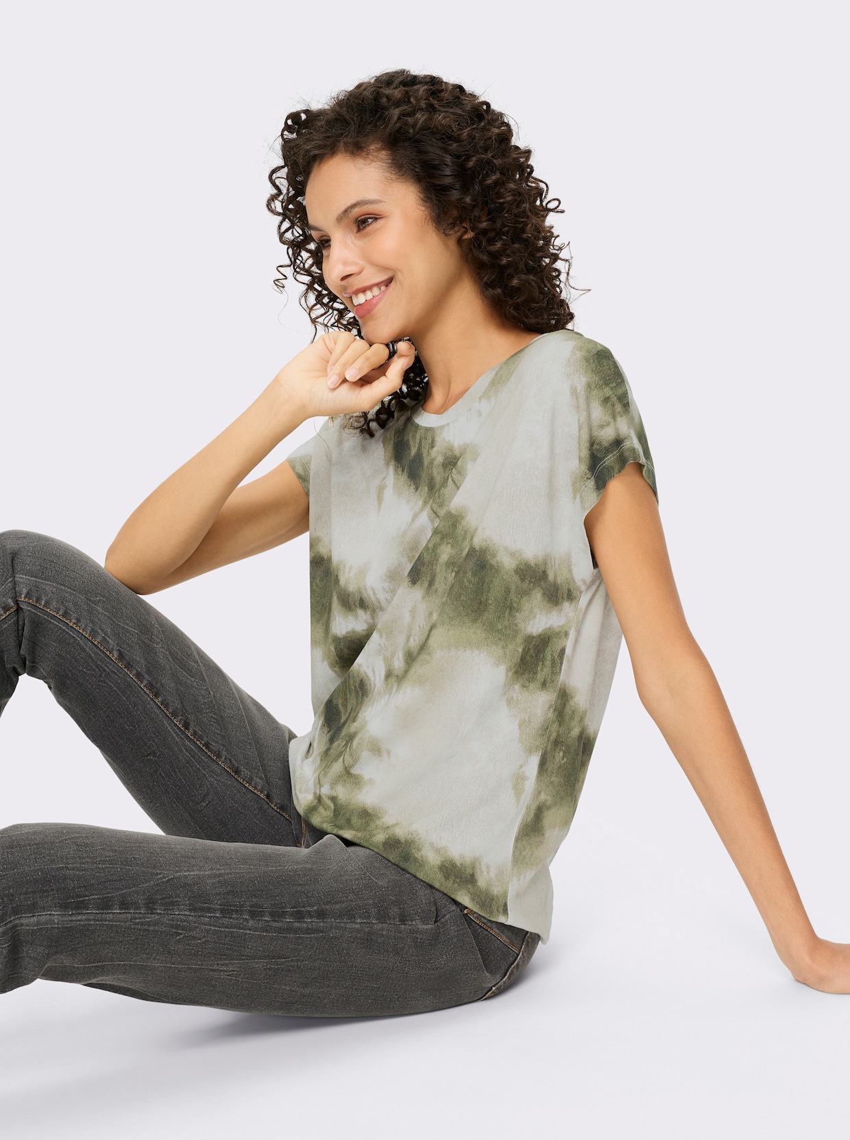 heine Kurzarmshirt - khaki-ecru-bedruckt