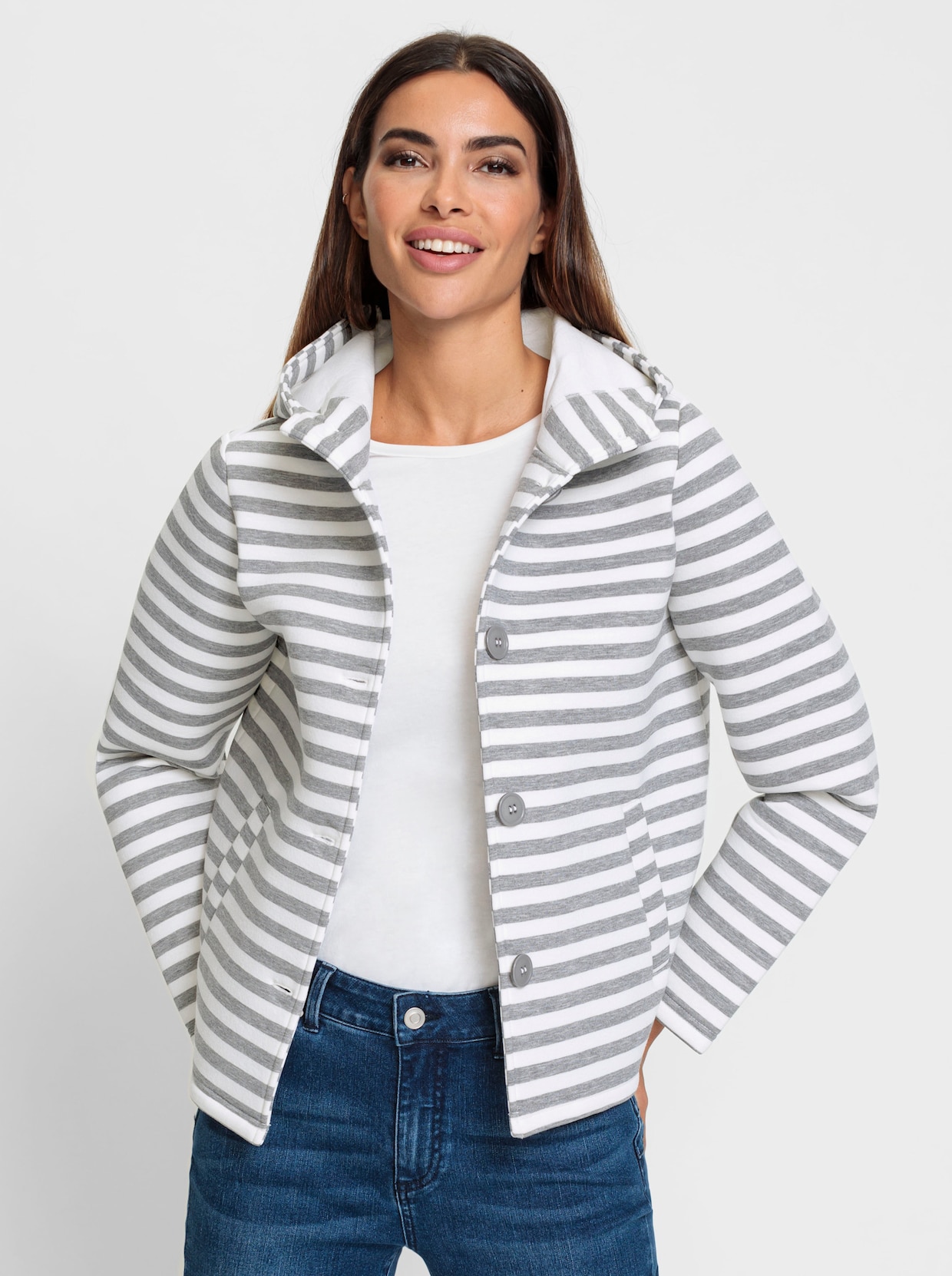 heine Sweatjacke - steingrau-ecru-geringelt