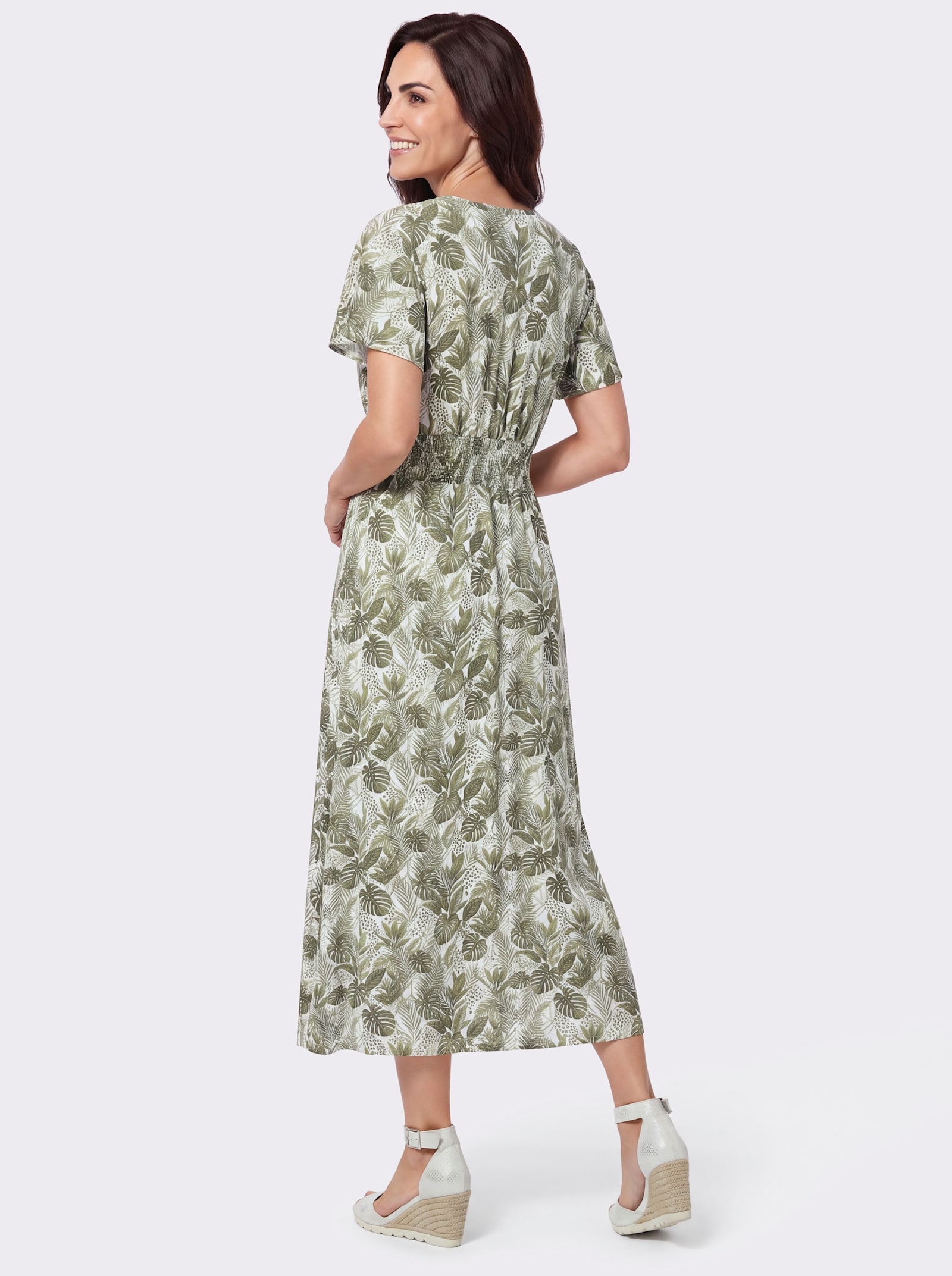 Jerseykleid mit Smokpartie hinten - ecru-oliv-bedruckt